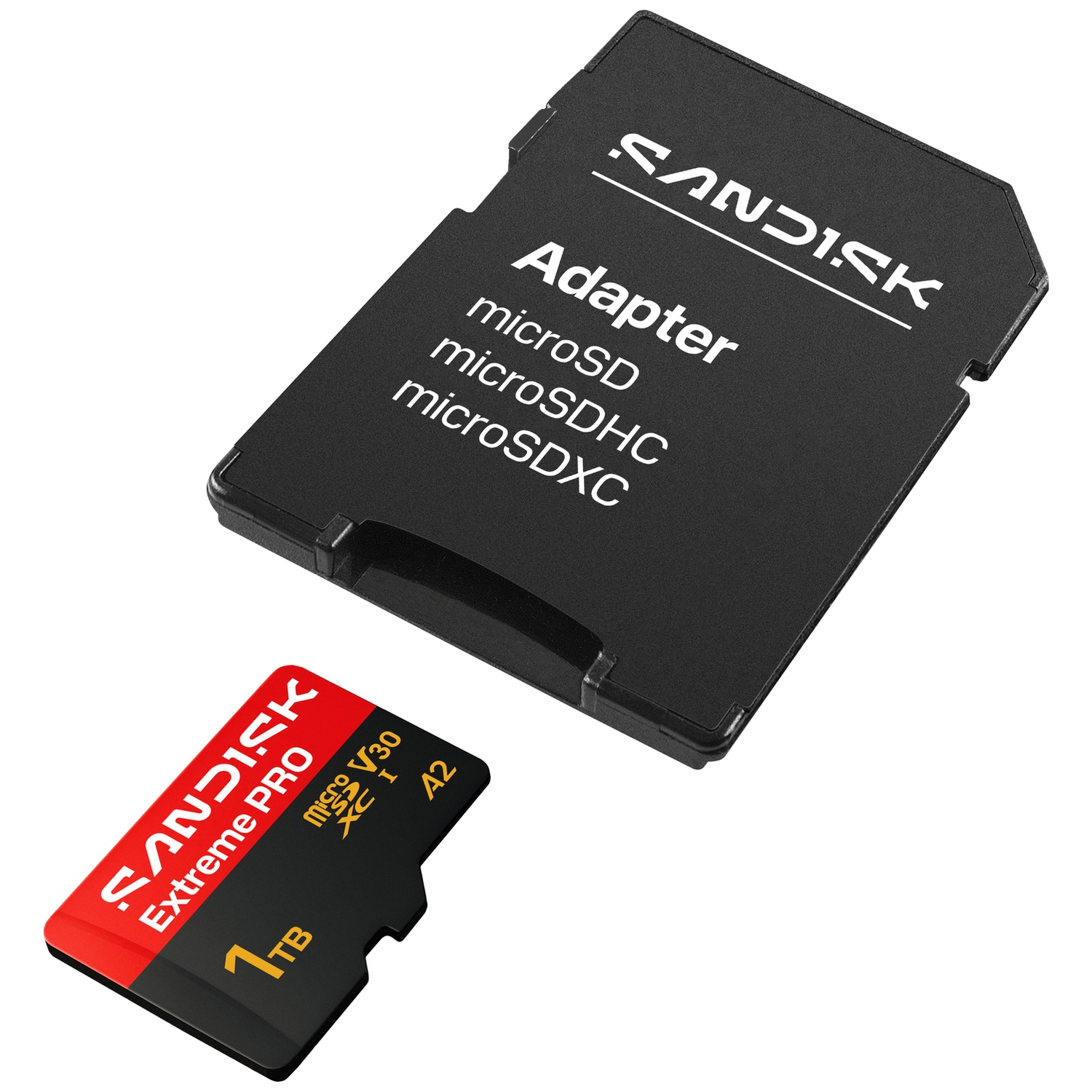 Een zwarte SanDisk 1TB microSD-geheugenkaart met rood accent naast een zwarte SD-kaartadapter.
