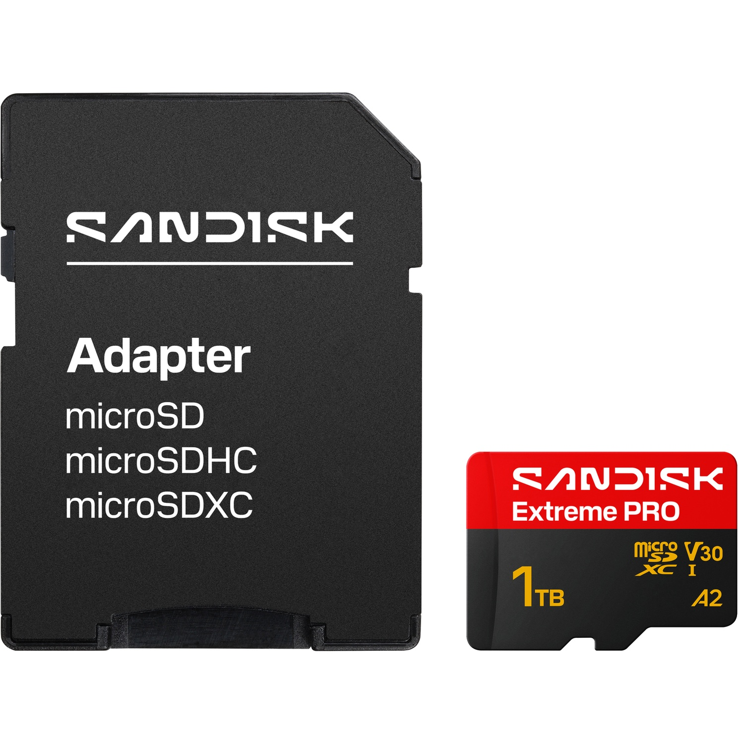 Een zwarte SanDisk SD-kaartadapter naast een rood-zwarte 1TB SanDisk Extreme PRO microSD-kaart.
