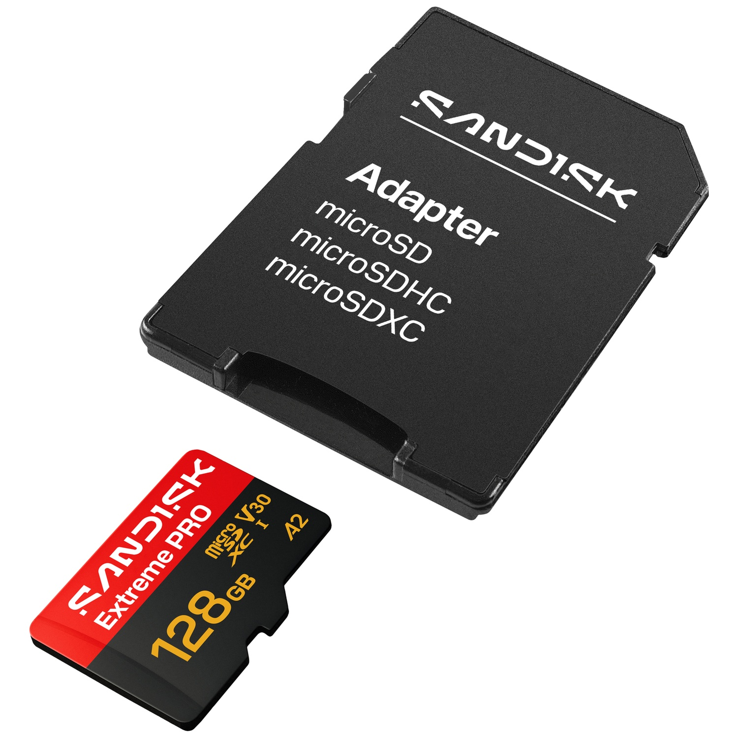 Een zwarte SanDisk SD-kaartadapter en een rood-zwarte 128GB SanDisk Extreme PRO microSDXC-geheugenkaart.