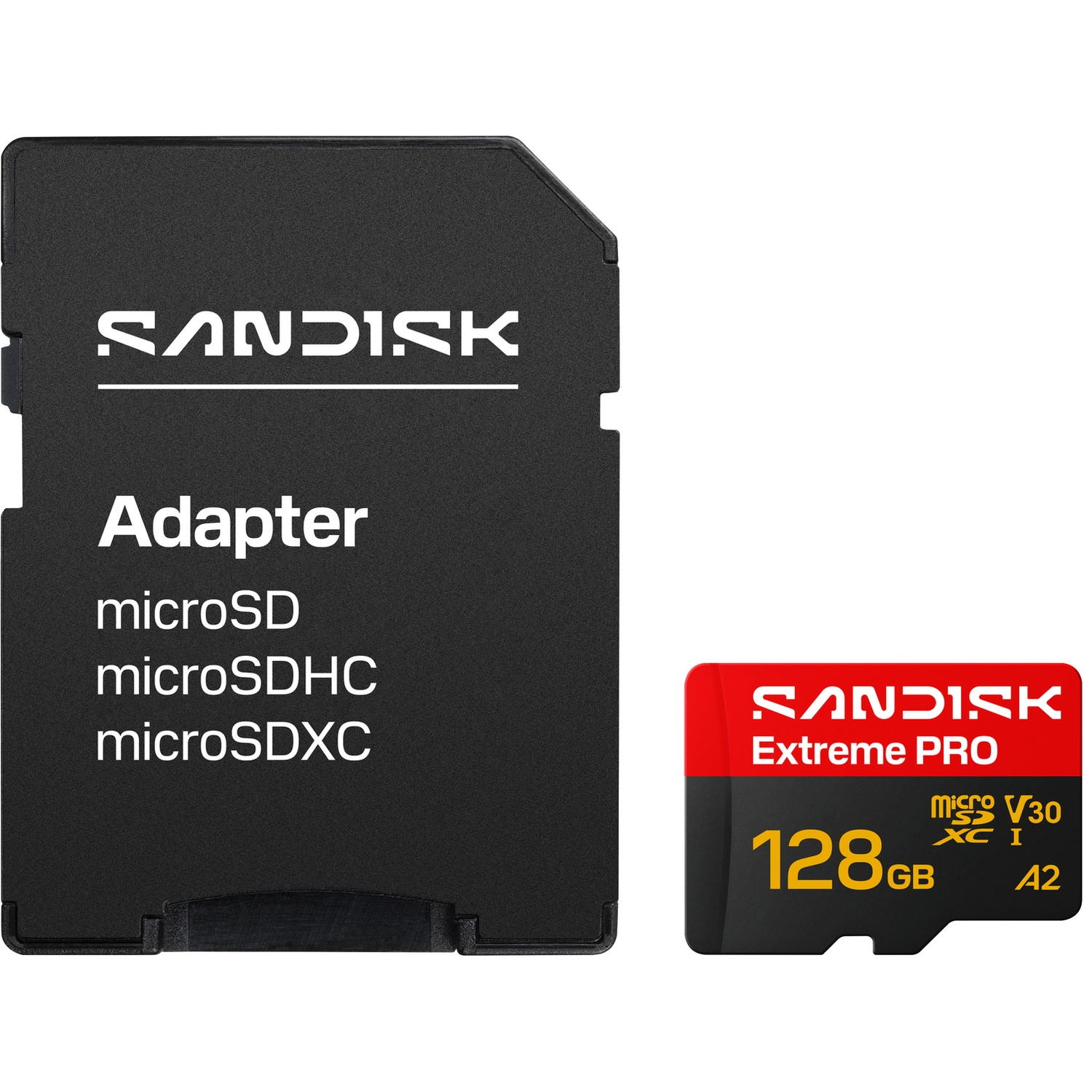 Zwarte SanDisk SD-adapter en rode 128GB Extreme PRO microSD-geheugenkaart.