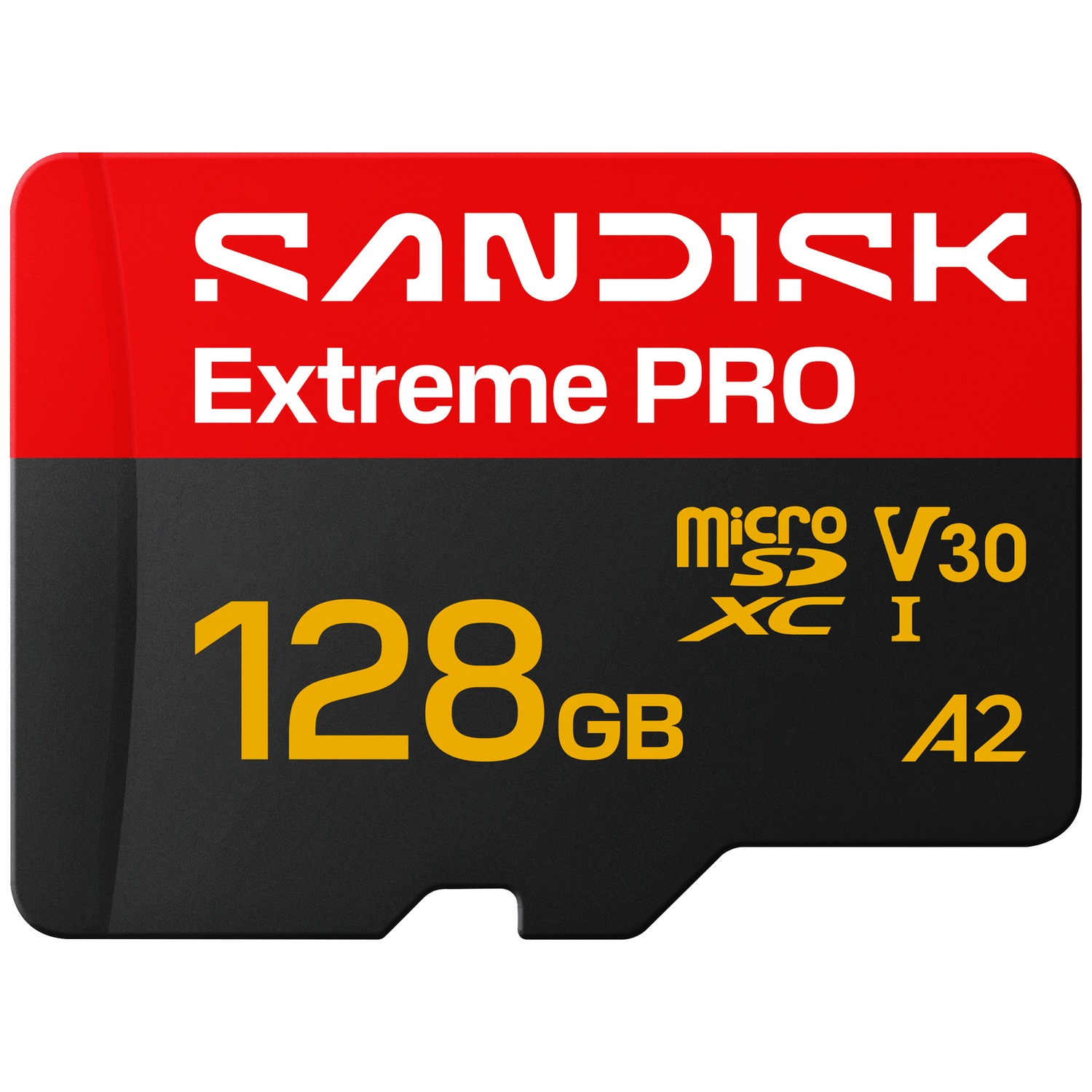 SanDisk Extreme PRO 128GB microSDXC I geheugenkaart met rood en zwart ontwerp.
