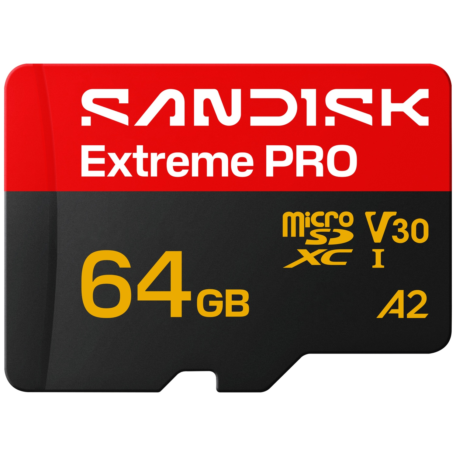 Een rode en zwarte SanDisk Extreme PRO 64GB MicroSDXC geheugenkaart.