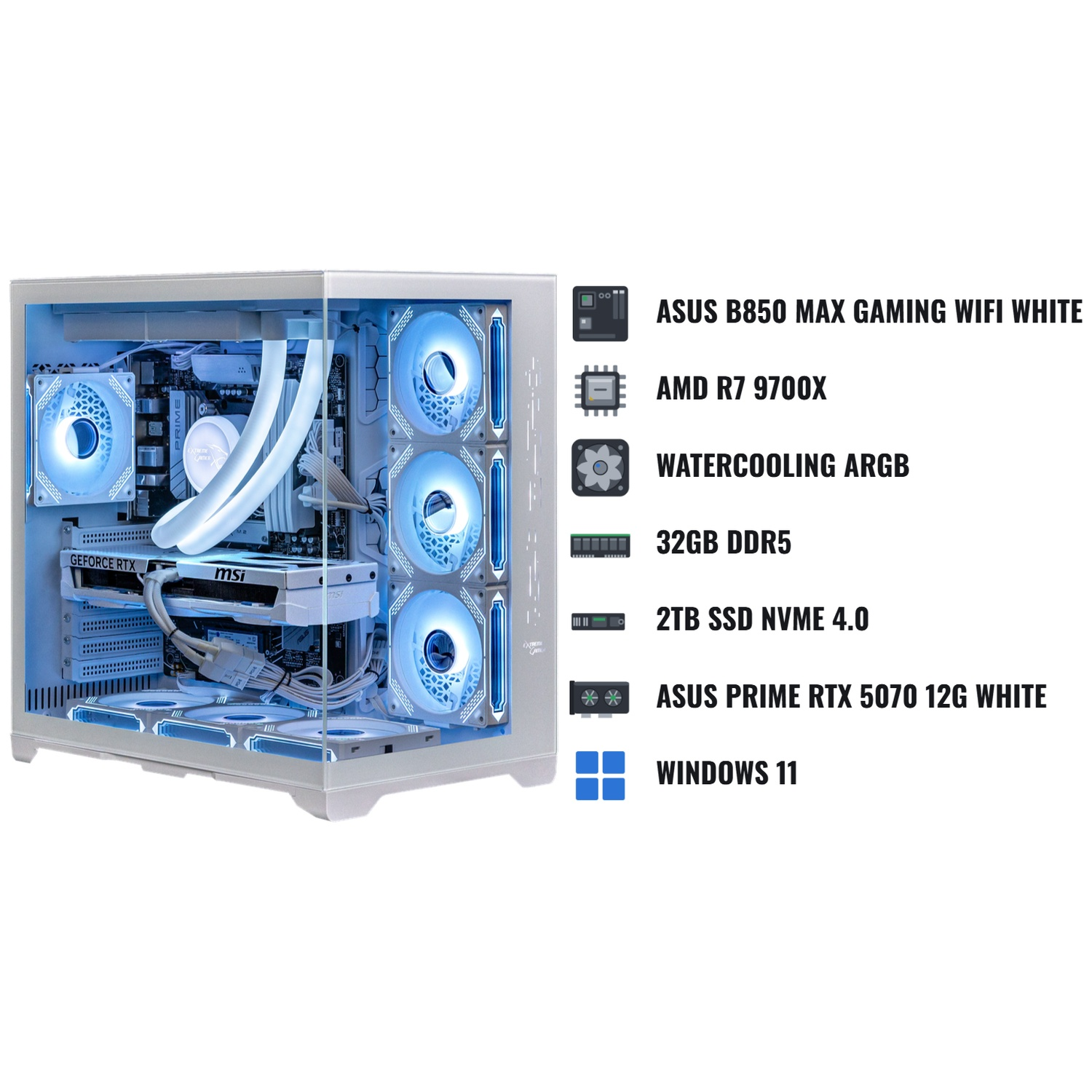White gaming PC featuring RGB fans, liquid cooling, and specifications like AMD R7 and 32GB RAM.