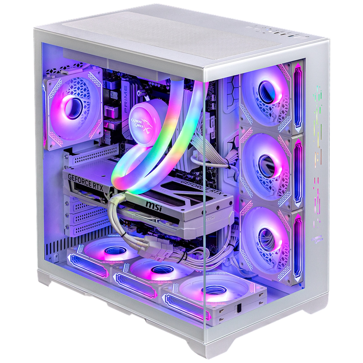 A white gaming PC case featuring glowing RGB fans and liquid cooling.