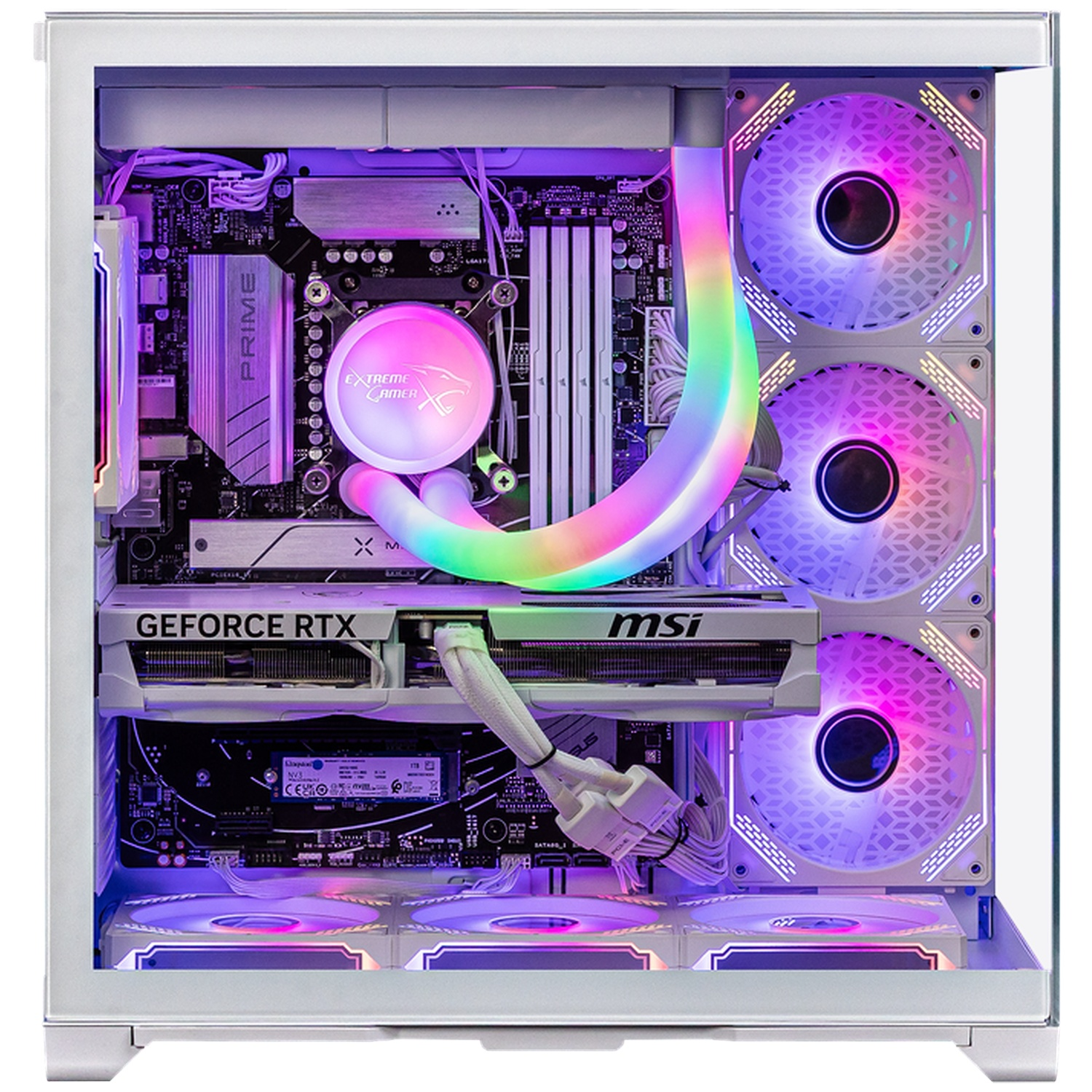 Inside view of a white gaming PC tower with vibrant RGB lighting on fans, liquid cooler, and internal components.
