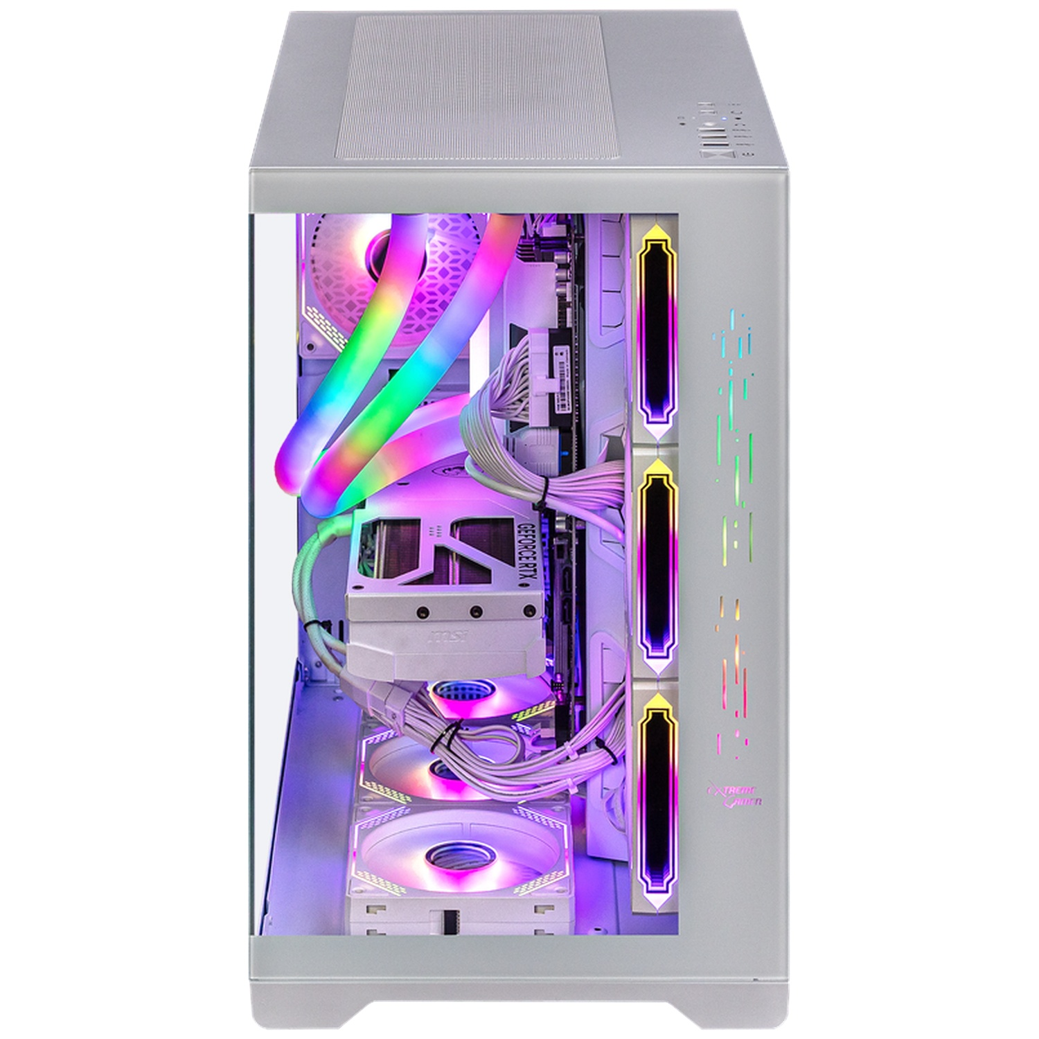 A white gaming PC case featuring vibrant RGB lighting, a transparent side panel, and neat internal cable management.
