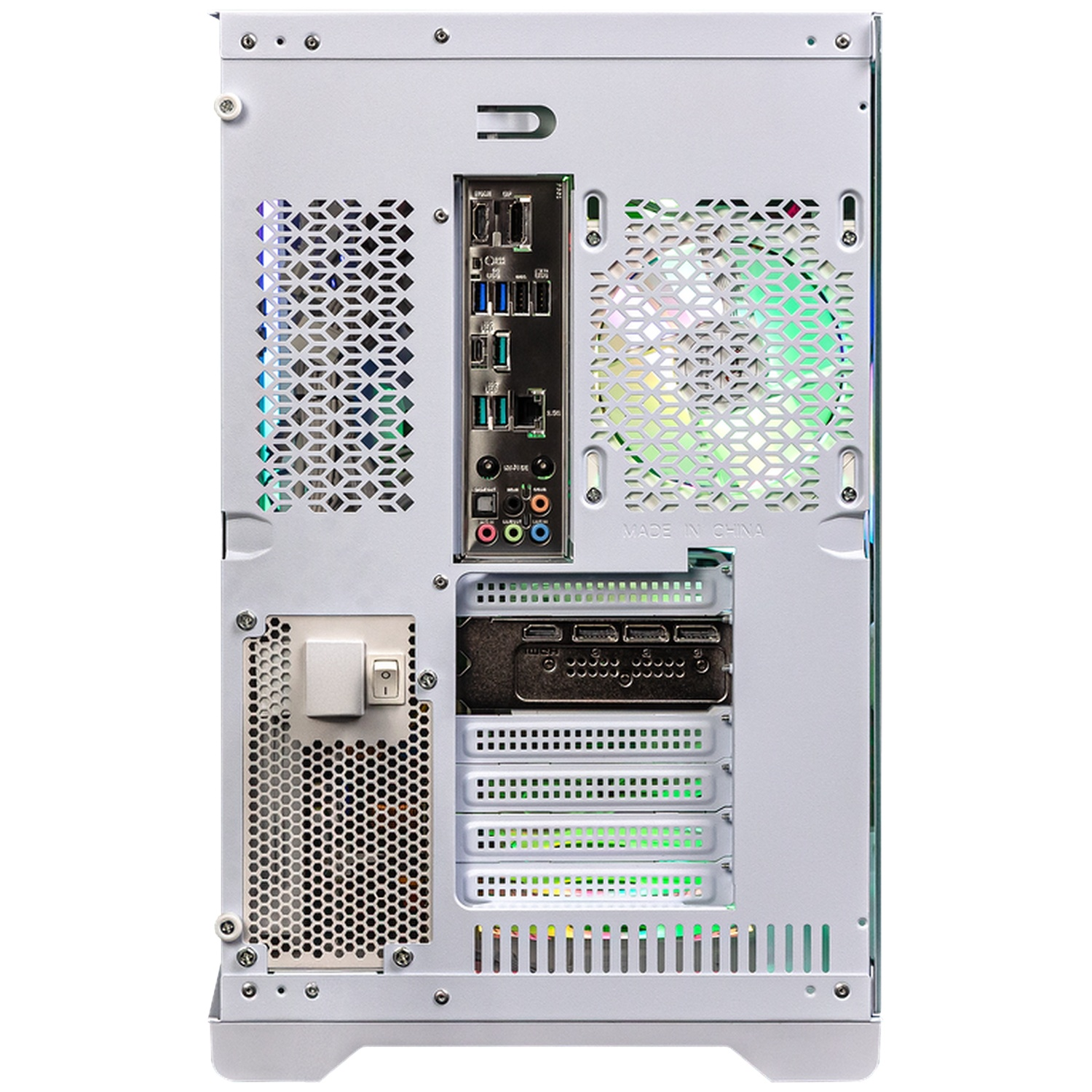 Rear view of a white PC case showing motherboard ports, fans, expansion slots, and power supply area.