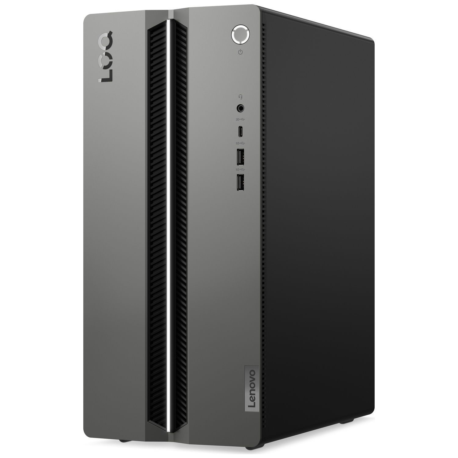 Zwarte Lenovo LOQ desktopcomputer met verticale lichtstrip en poorten aan de voorzijde op een witte achtergrond.
