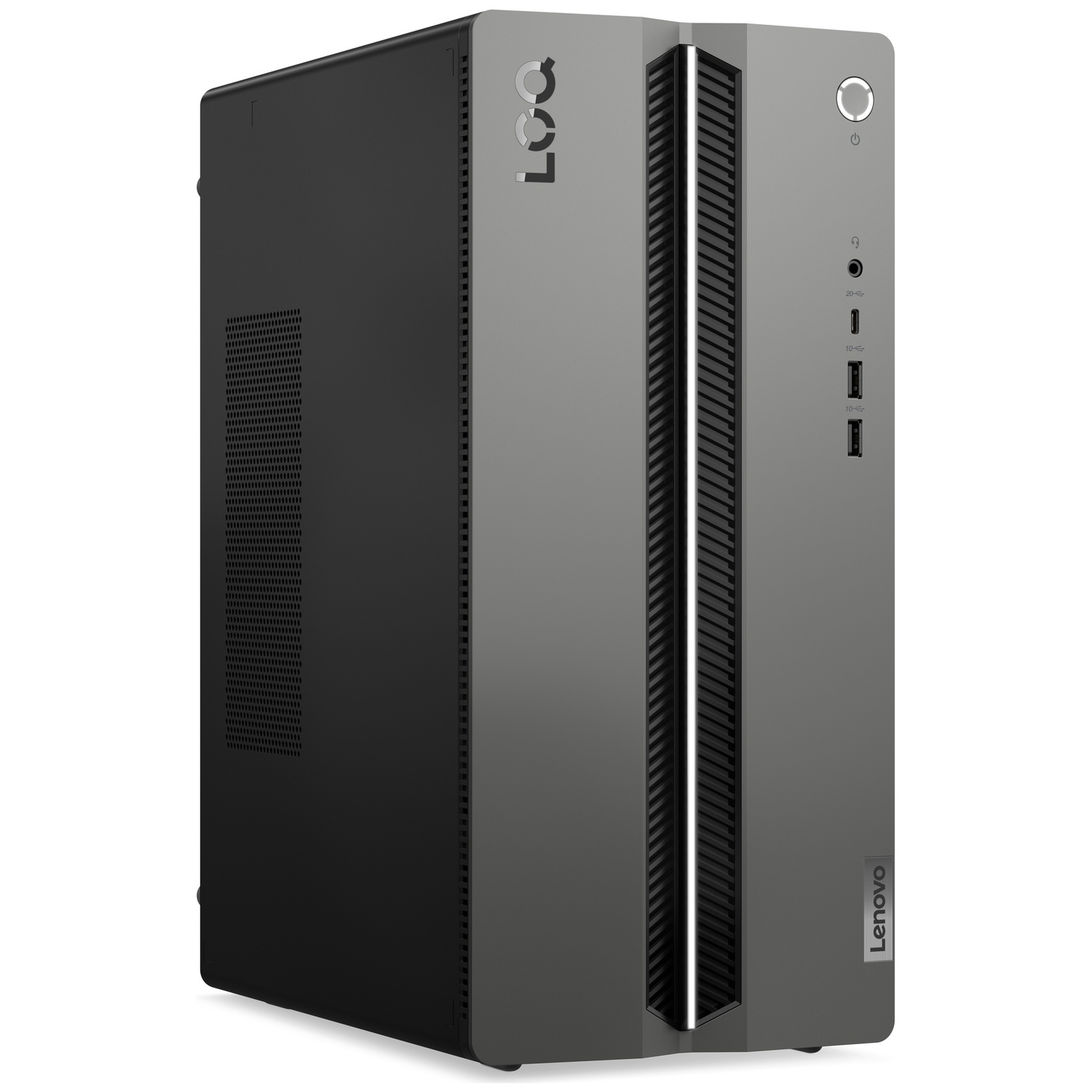 Een grijze Lenovo LOQ desktopcomputer met een zwarte behuizing en verticale ventilatie.