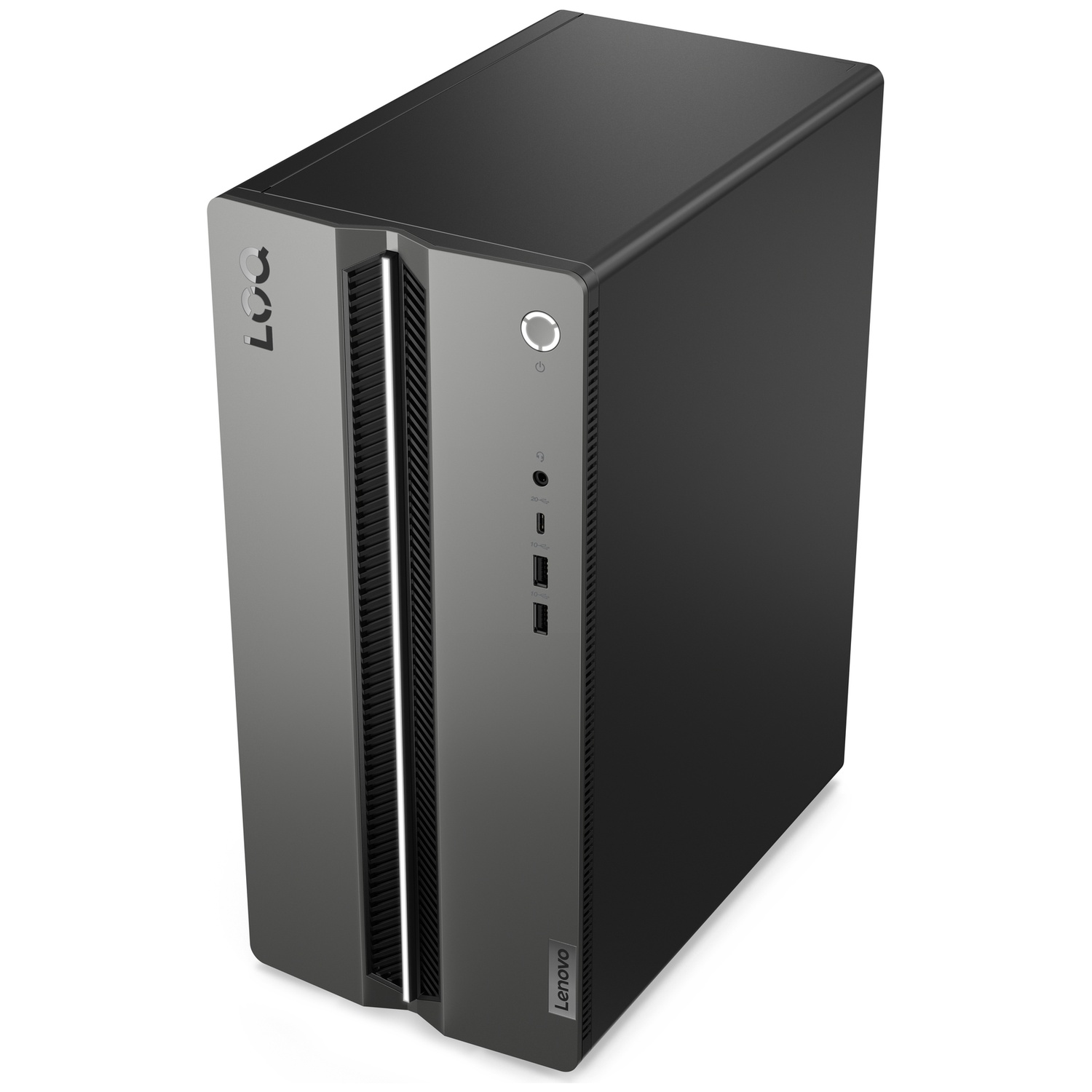 Zwarte en grijze Lenovo LOQ desktopcomputertoren vanuit een hoek bekeken.
