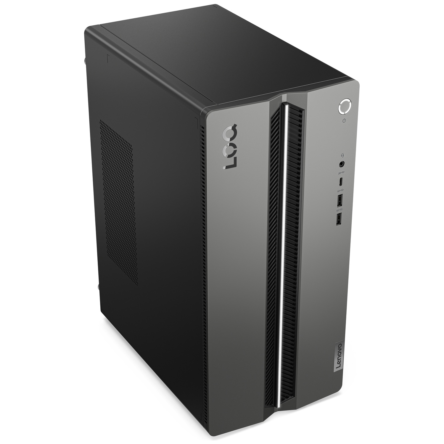 Een zwarte Lenovo LOQ desktop computer met een verticale ventilatieopening en poorten aan de voorkant.
