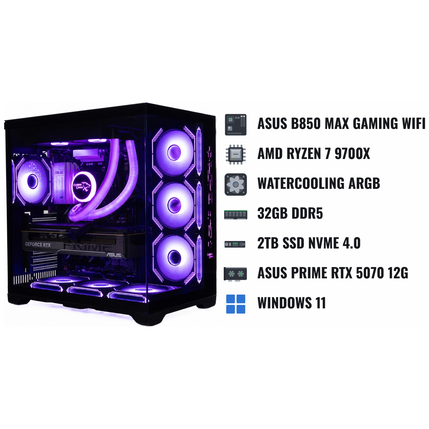 Gaming PC featuring purple glowing fans with technical specifications listed beside it.