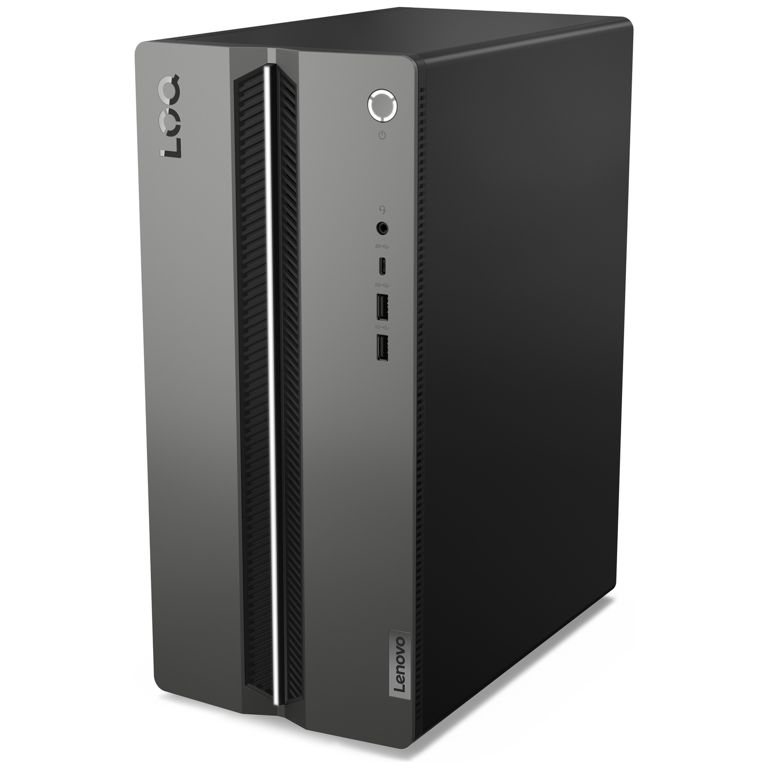 Een grijze Lenovo LOQ desktopcomputer met aan/uit-knop, USB-poorten en audio-aansluiting aan de voorkant.