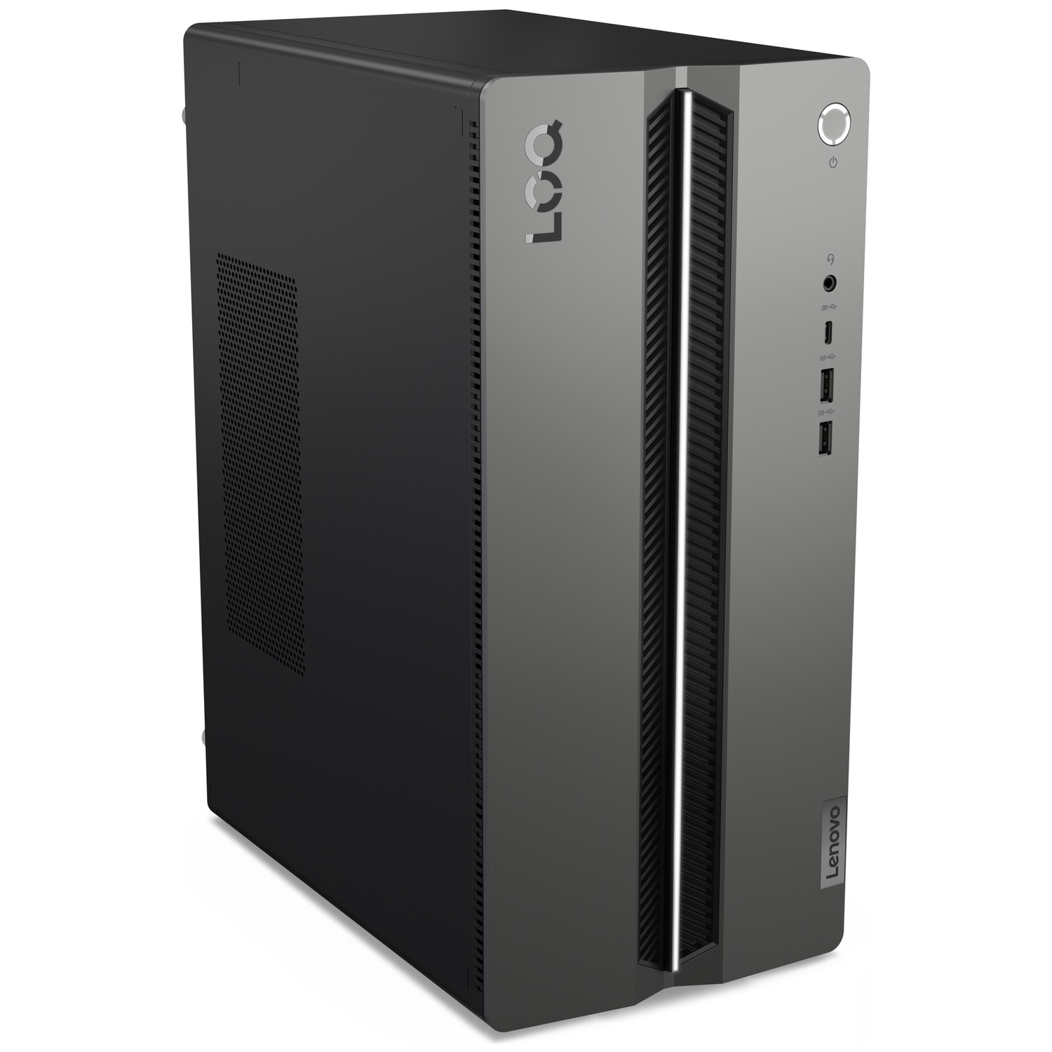 Zwarte Lenovo LOQ-desktopcomputer met een verticale ventilatieopening en poorten aan de voorkant.
