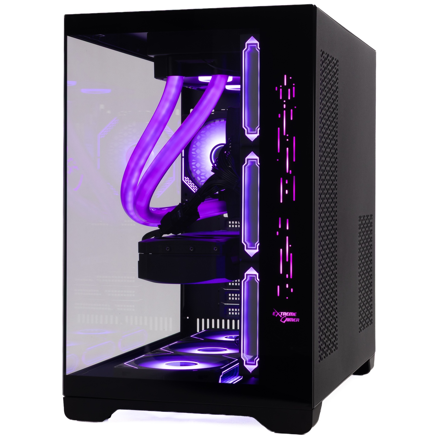 A black gaming PC with vibrant purple interior lighting, liquid cooling tubes, and a clear side panel.
