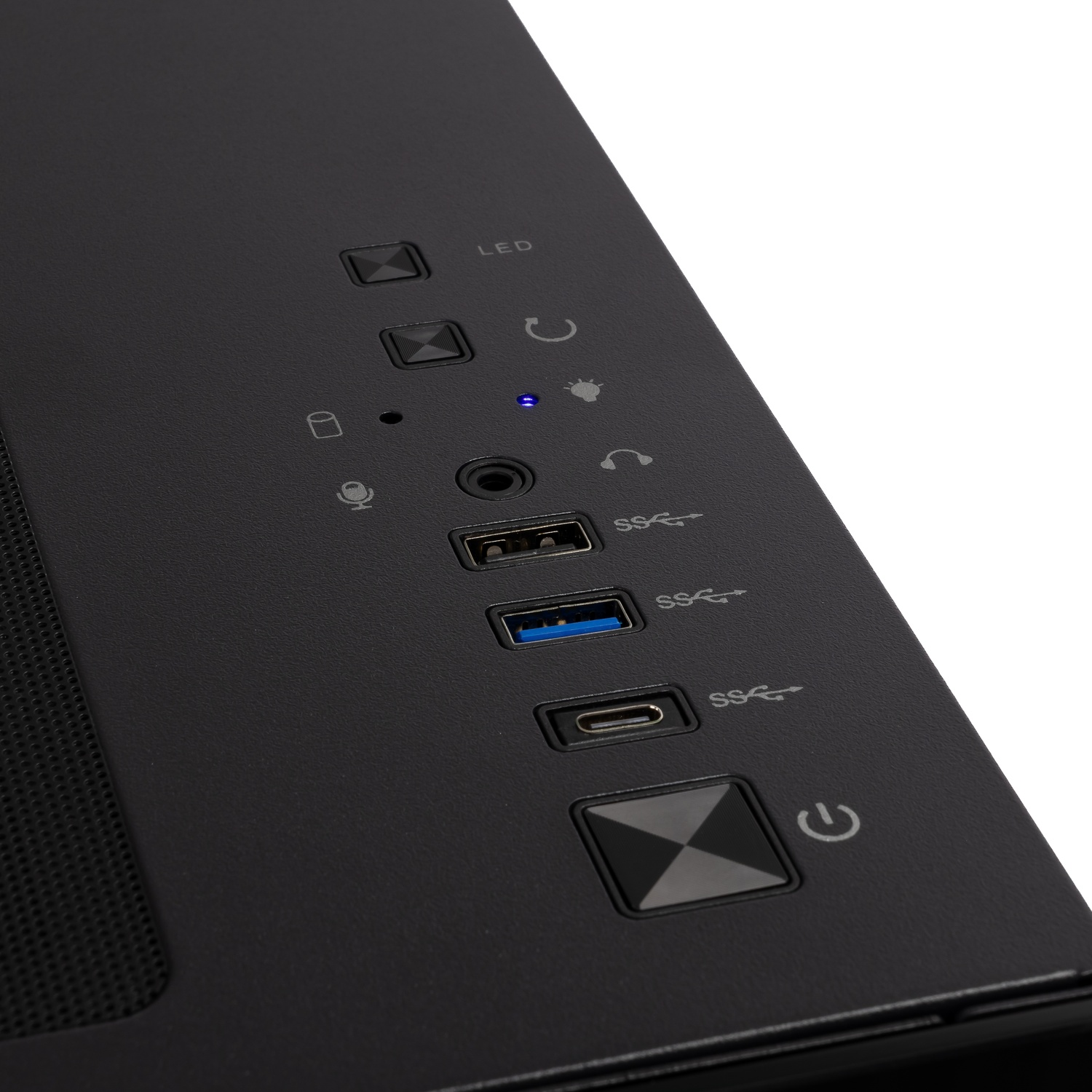 Black computer case featuring USB ports, audio jacks, LED indicators, and a power button.