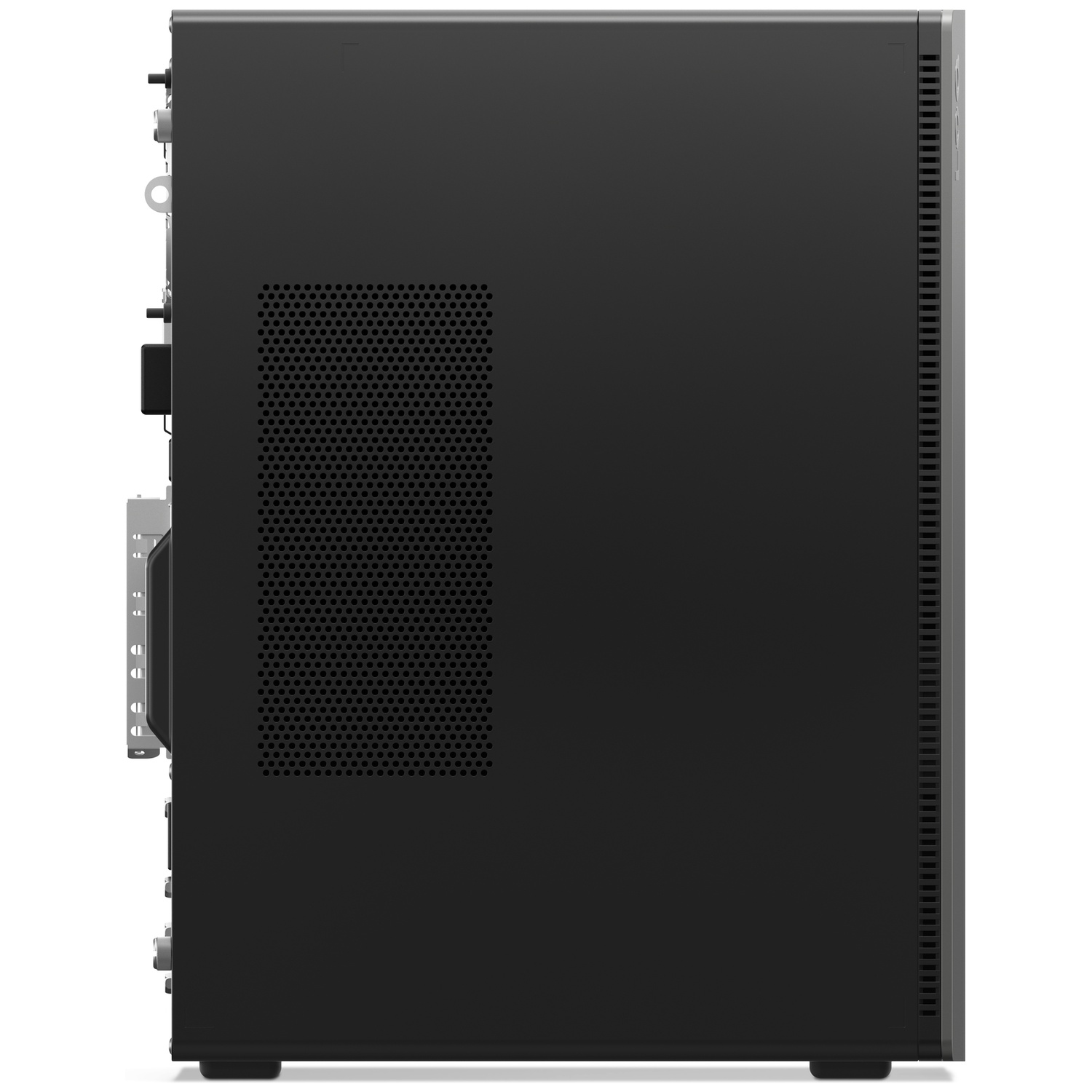 Een zwarte desktopcomputertoren van de zijkant, met ventilatieroosters en poorten links.