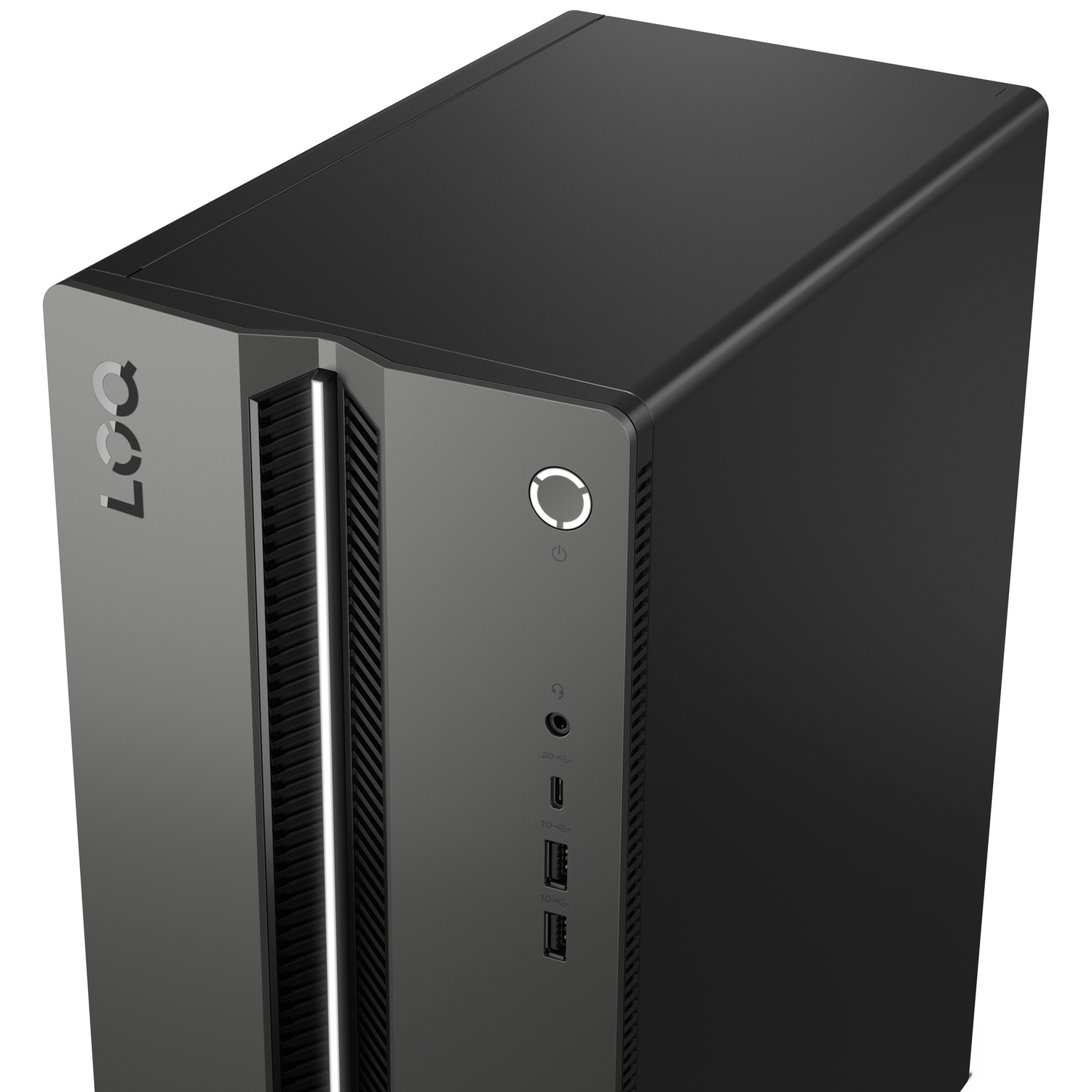 Zwarte pc-behuizing met verticale strip aan de voorkant, aan-uitknop en poorten bovenop tegen een witte achtergrond.
