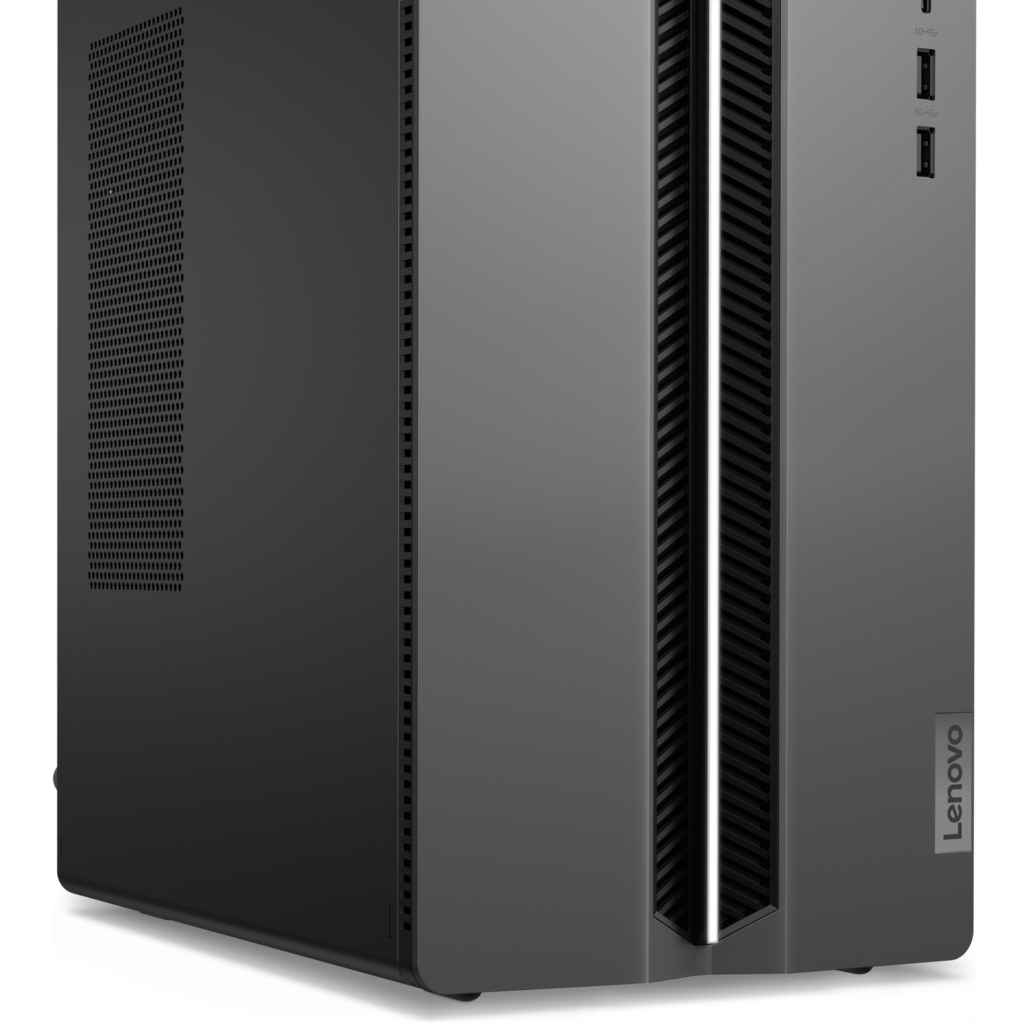 Grijze Lenovo desktop pc-toren met een verticale verlichte LED-strip aan de voorkant.