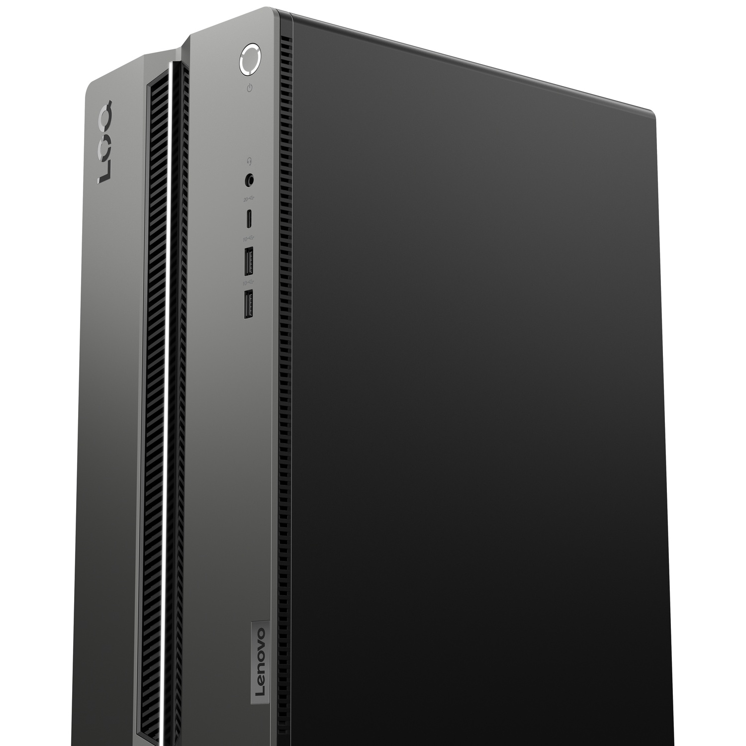 Zwarte Lenovo toren desktopcomputer met poorten aan de voorkant en ventilatieroosters.