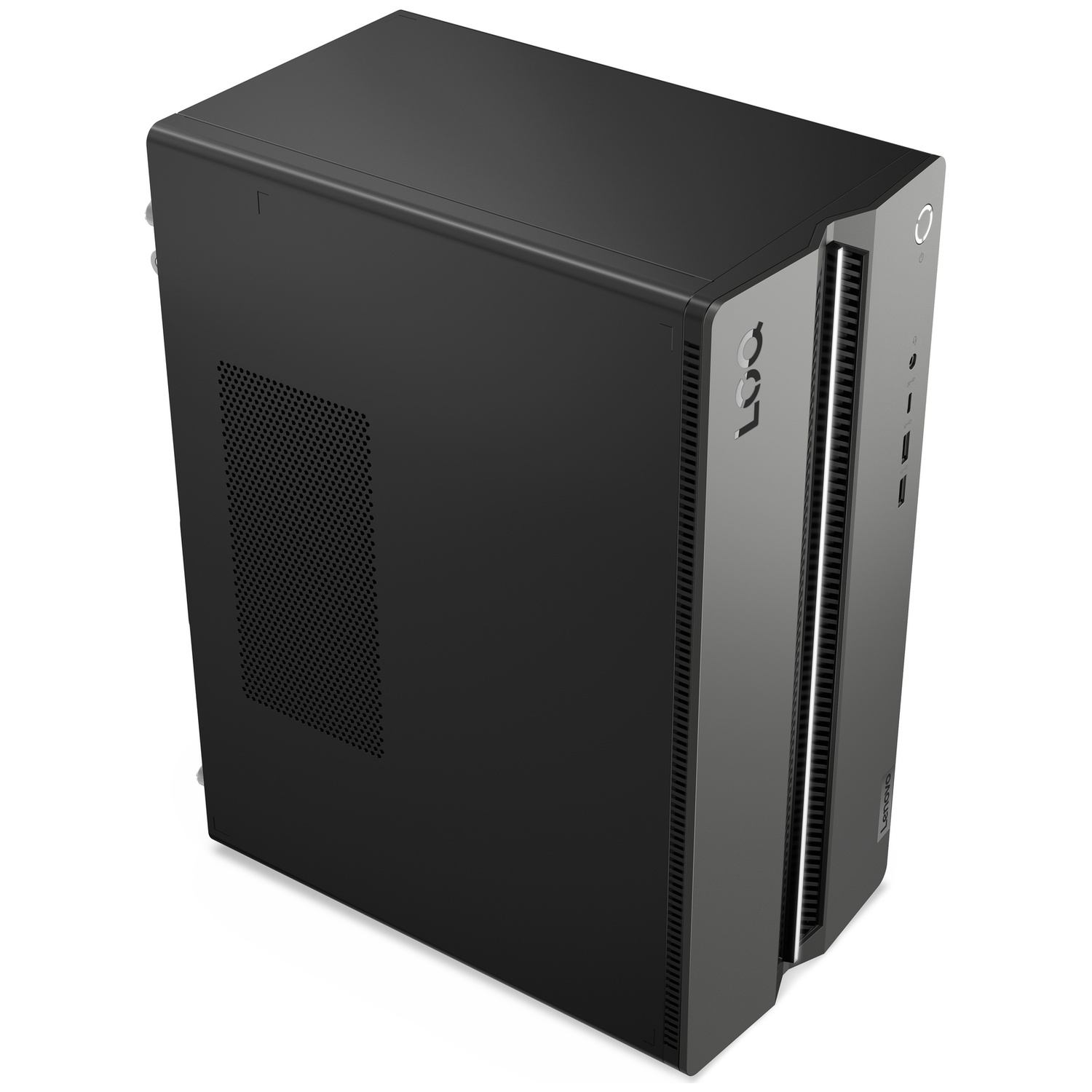 Een zwarte desktop pc-toren met zilveren accents en ventilatieroosters op een witte achtergrond.