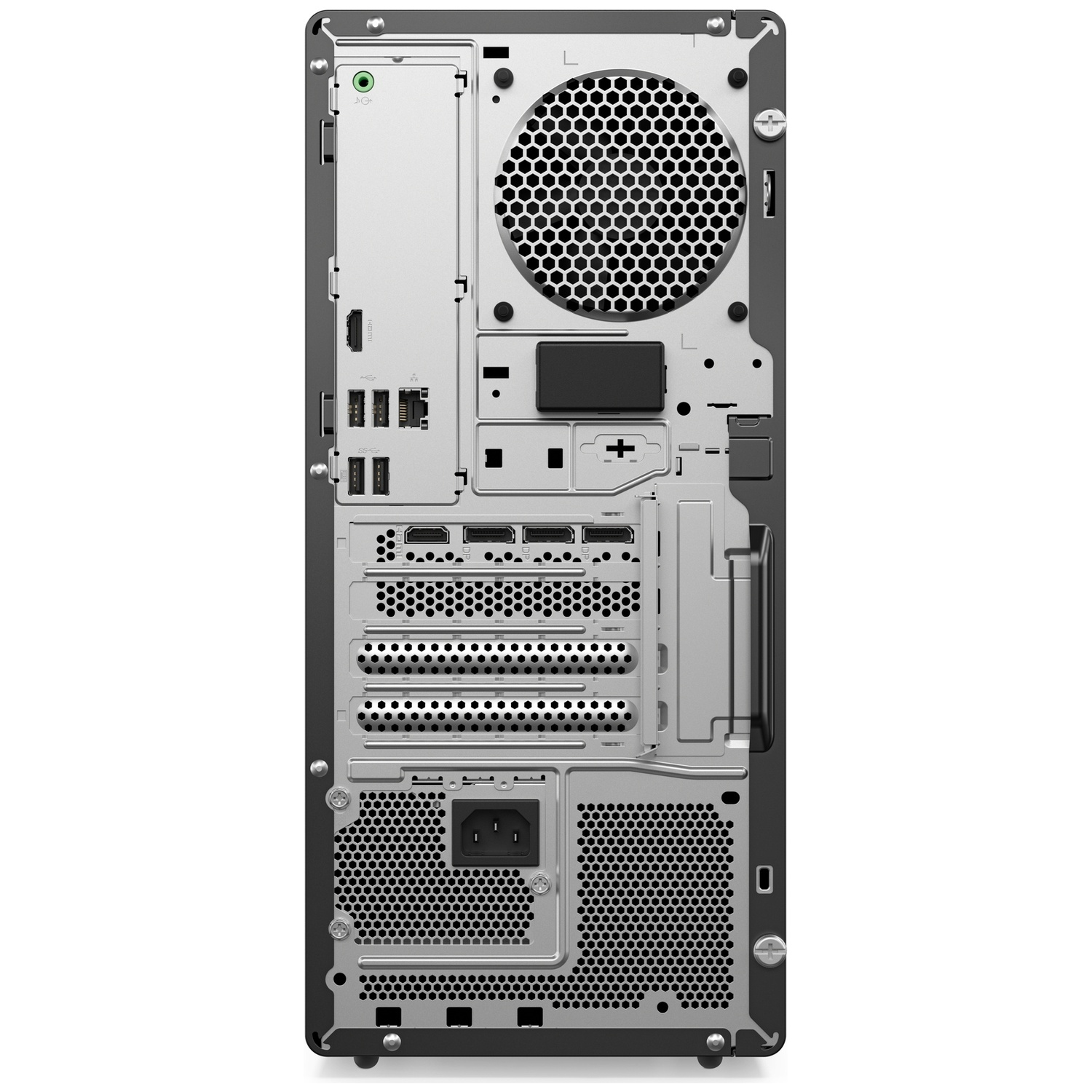 Achteraanzicht van een desktop-pc met ventilatieroosters, USB-poorten, HDMI-poorten en stroomingang op zilver metaal.