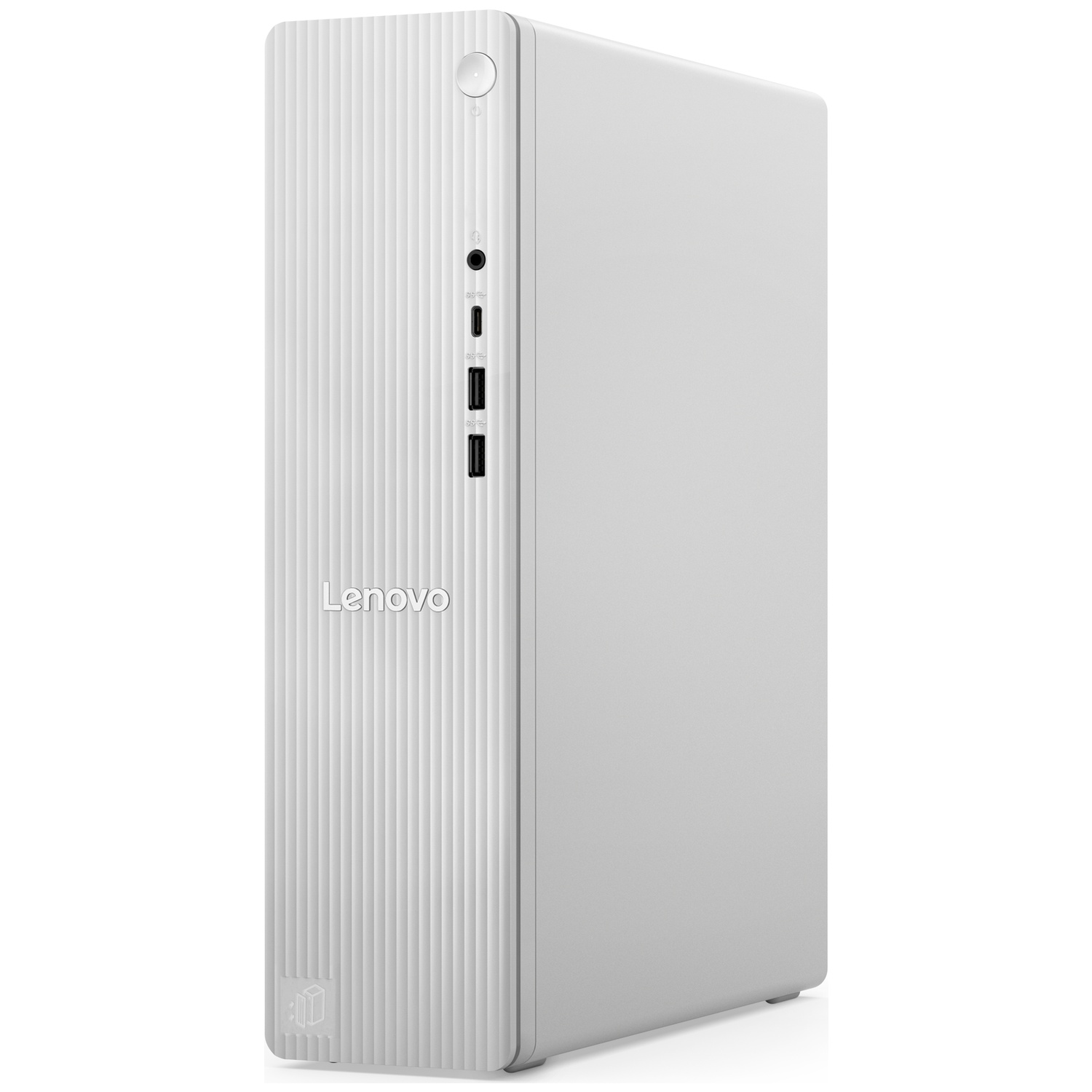 Un PC de bureau Lenovo blanc avec des nervures verticales sur le panneau avant et des ports supérieurs.