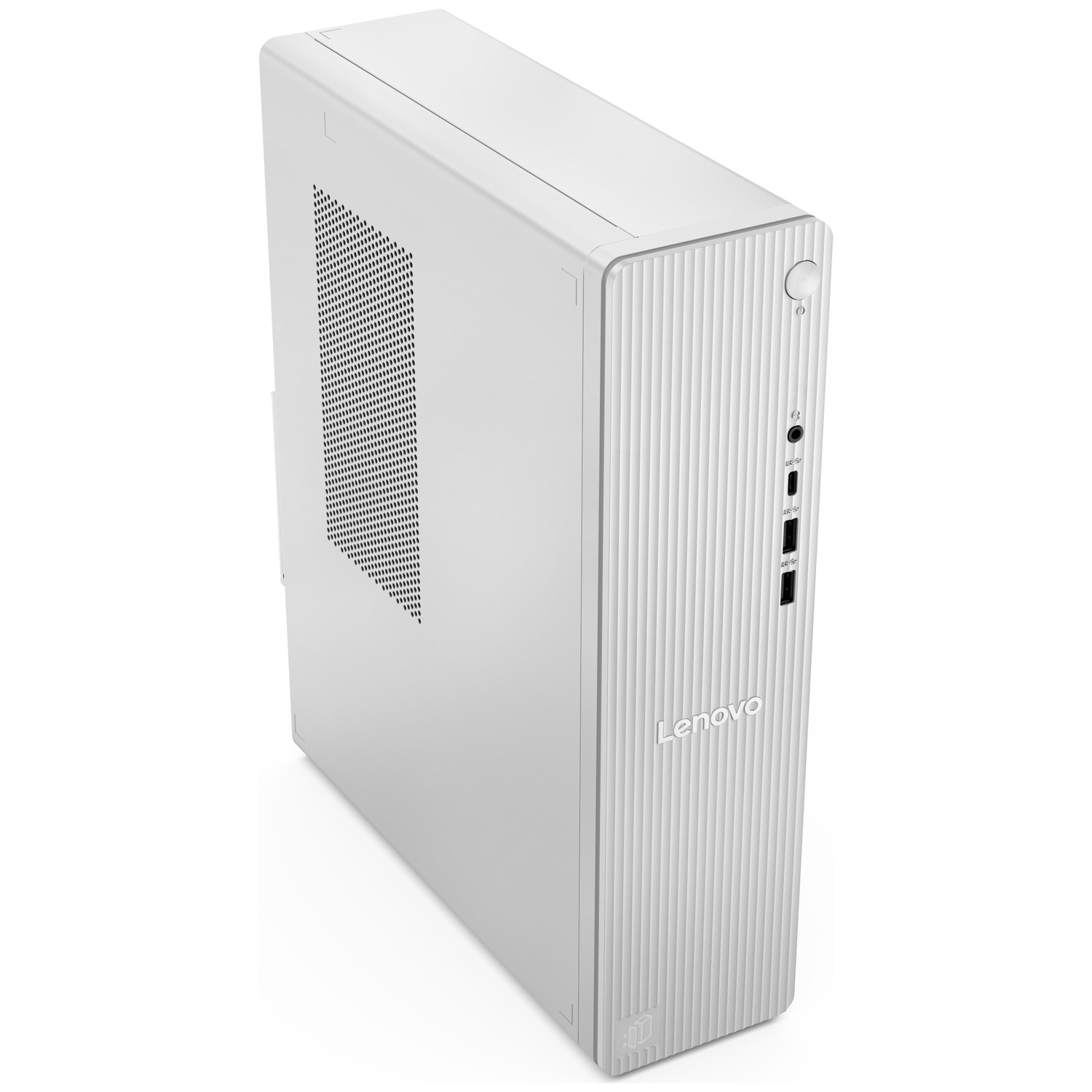Une tour de PC de bureau Lenovo blanche sur fond blanc avec un panneau avant strié verticalement et des ports.