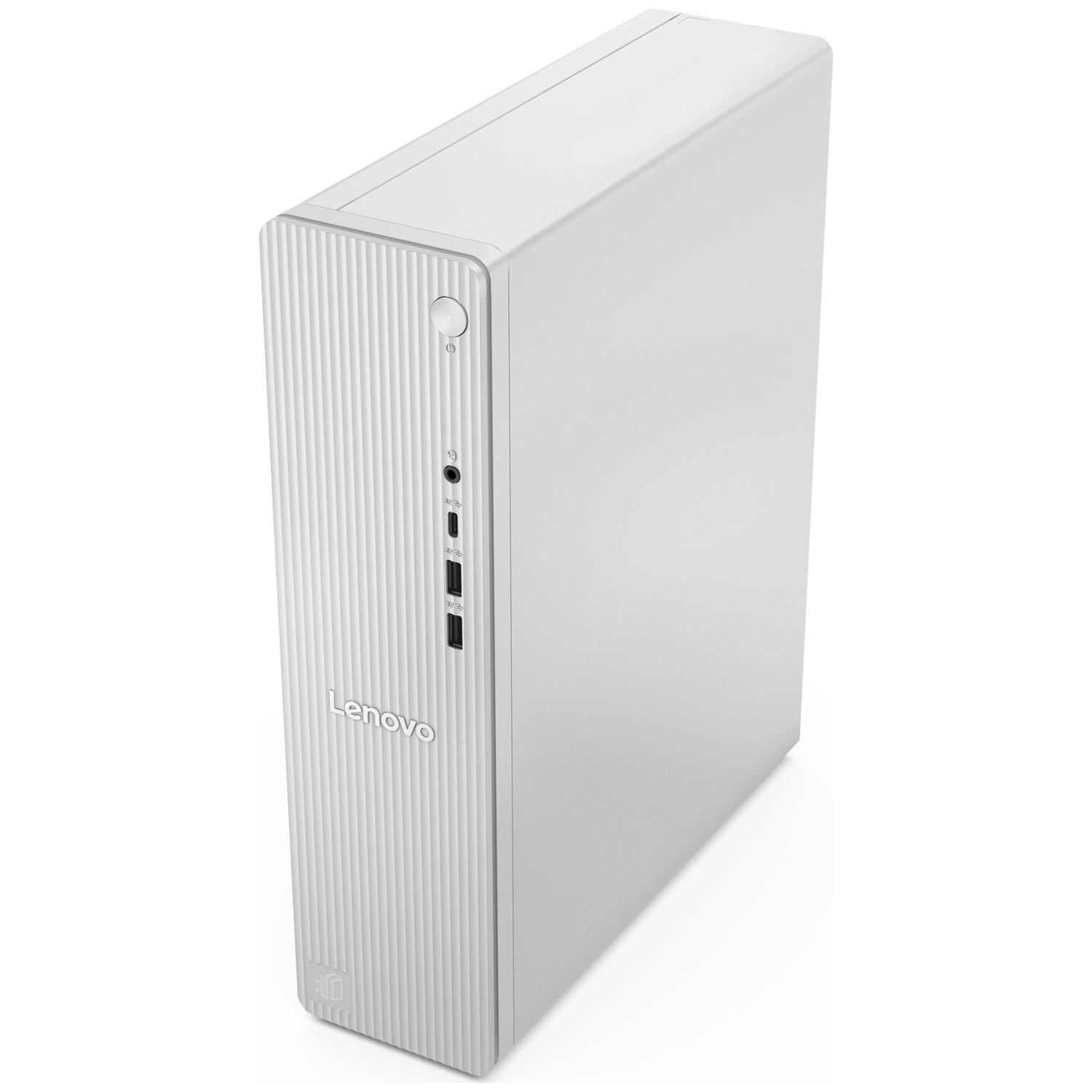 Un ordinateur de bureau Lenovo blanc posé sur une surface blanche, avec des rainures verticales sur la façade.