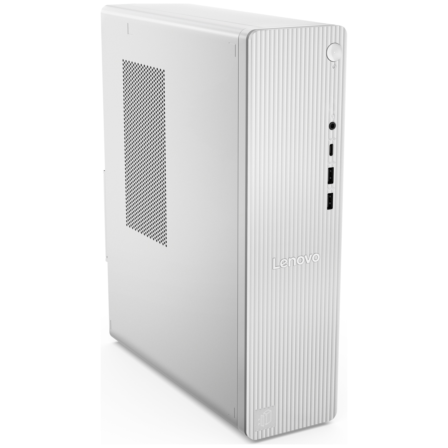 Un PC de bureau Lenovo blanc au design moderne sur fond blanc.