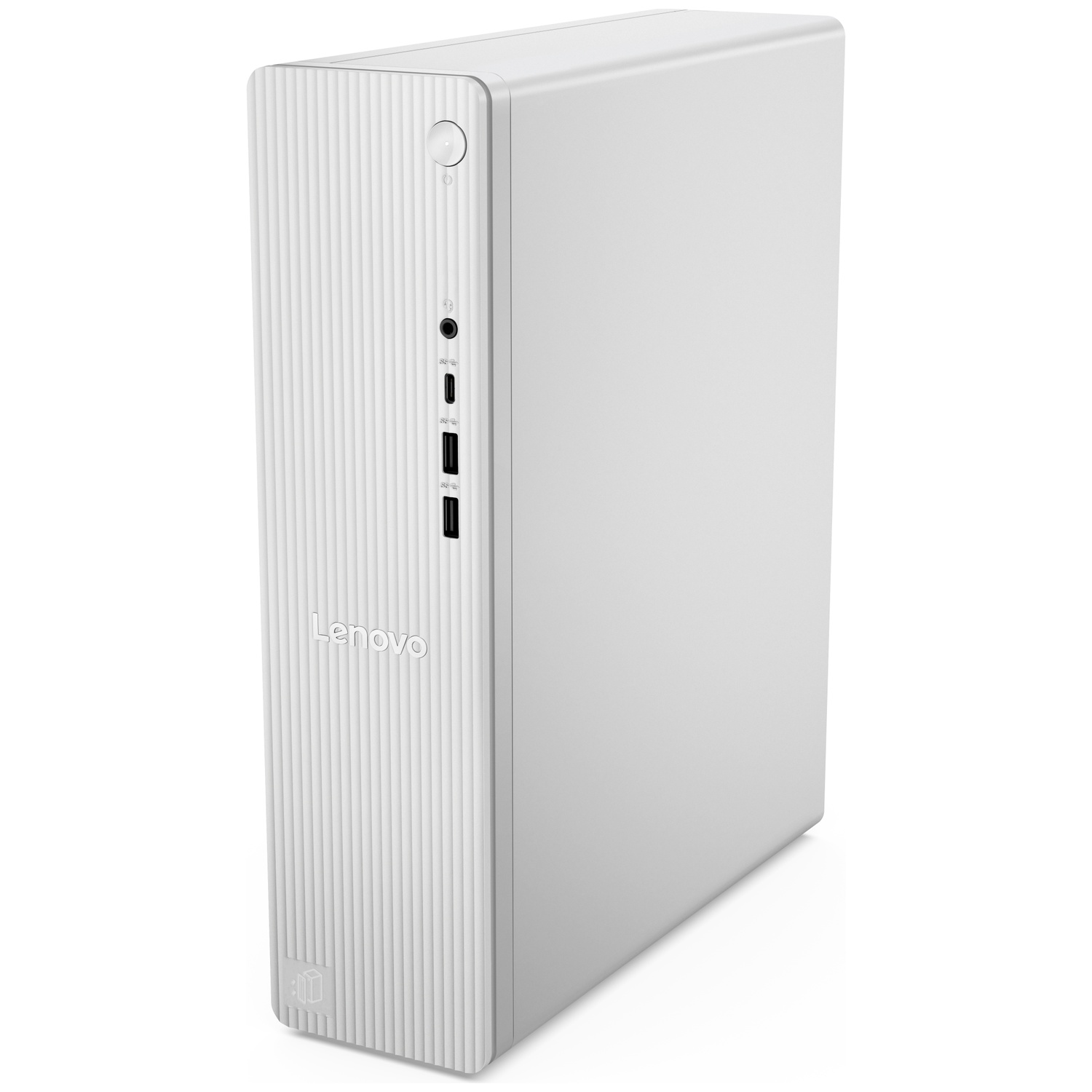 Un PC de bureau Lenovo blanc au design tour mince sur fond clair.