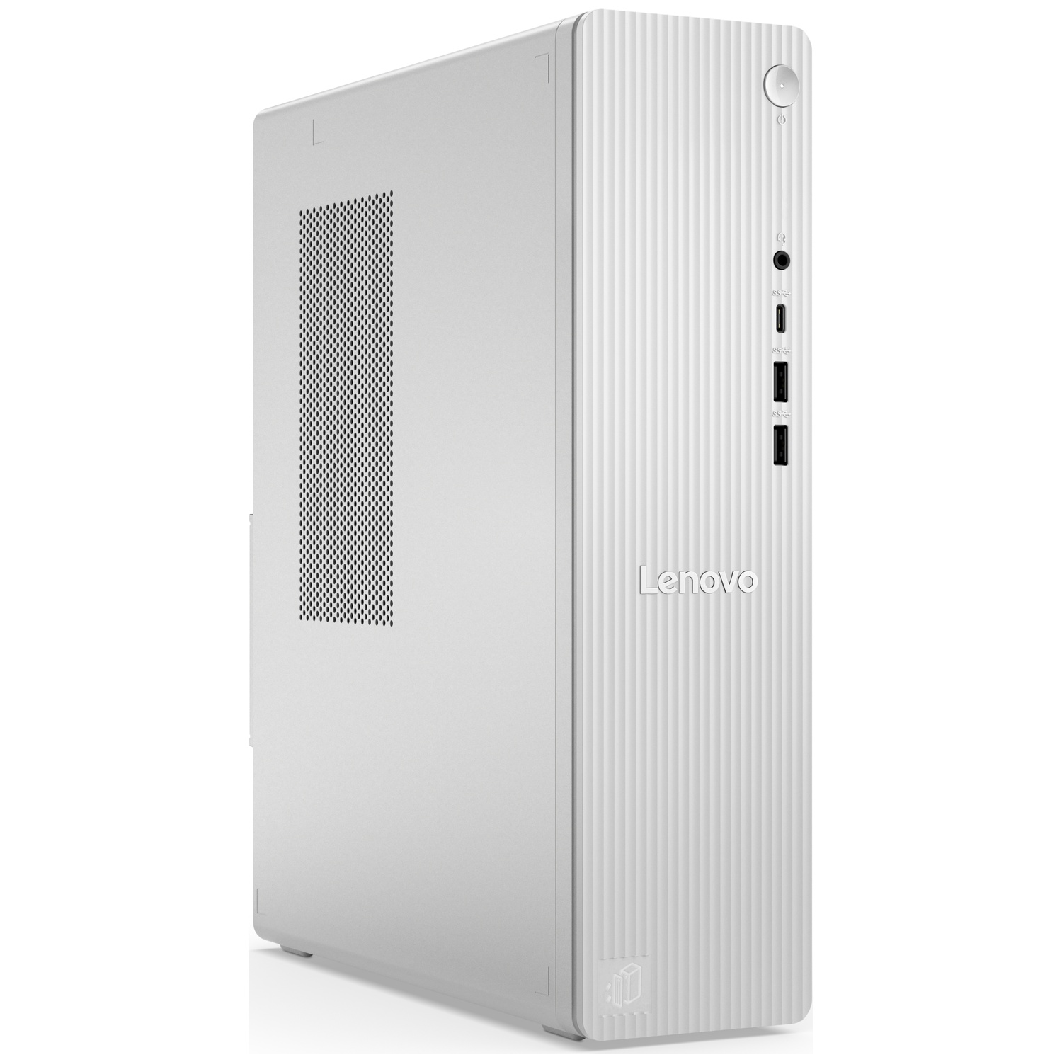 Une tour de PC de bureau Lenovo blanche repose sur une surface blanche avec des rainures verticales.