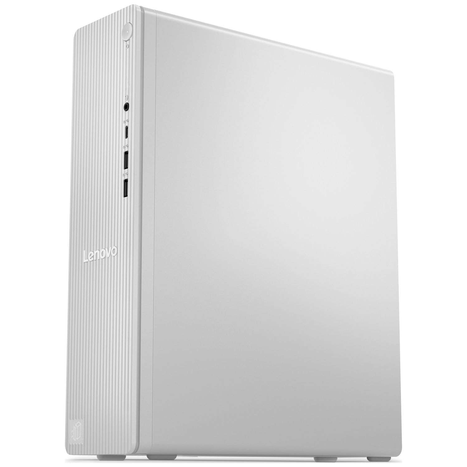 Une tour de PC de bureau Lenovo blanche avec un panneau avant côtelé.