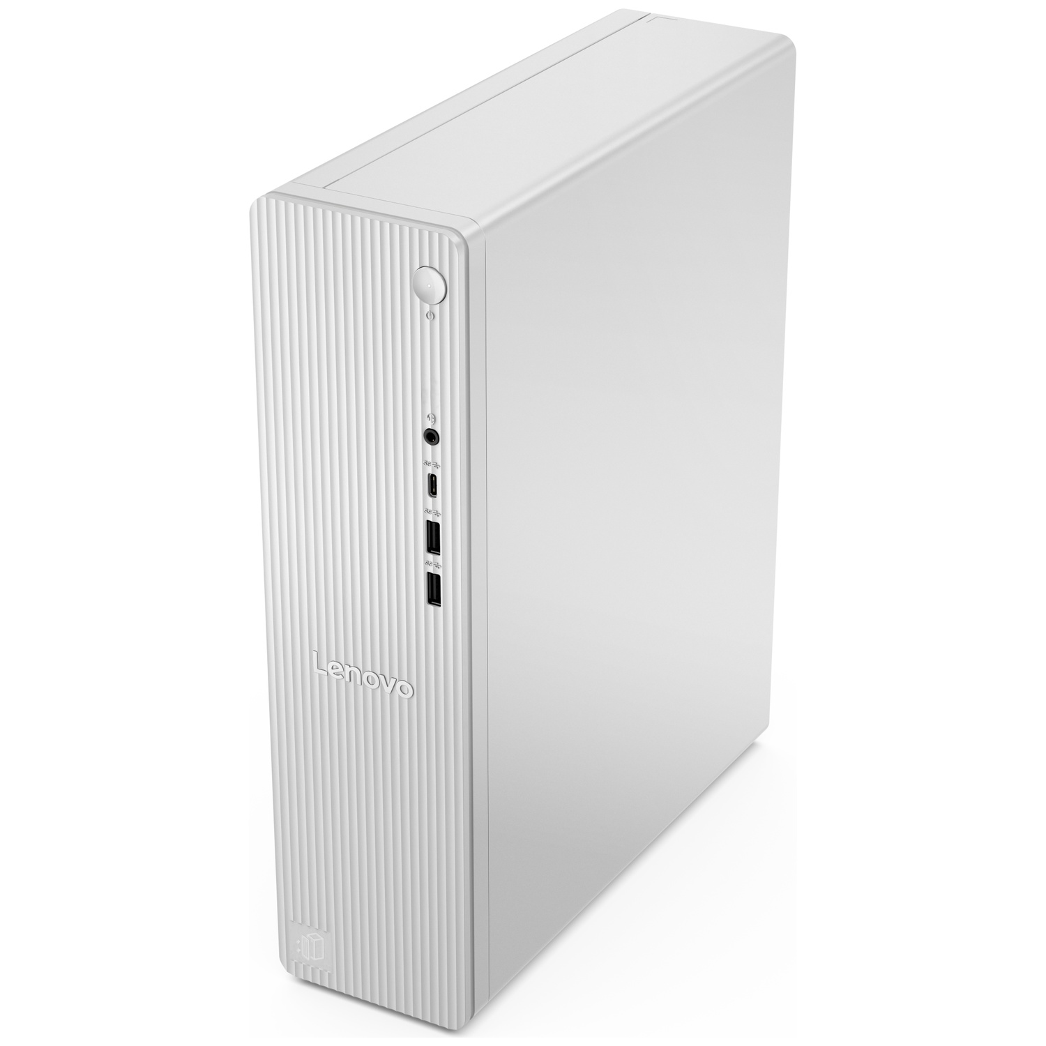 Un PC de bureau Lenovo blanc dans un boîtier tour mince avec des rainures verticales à l'avant.