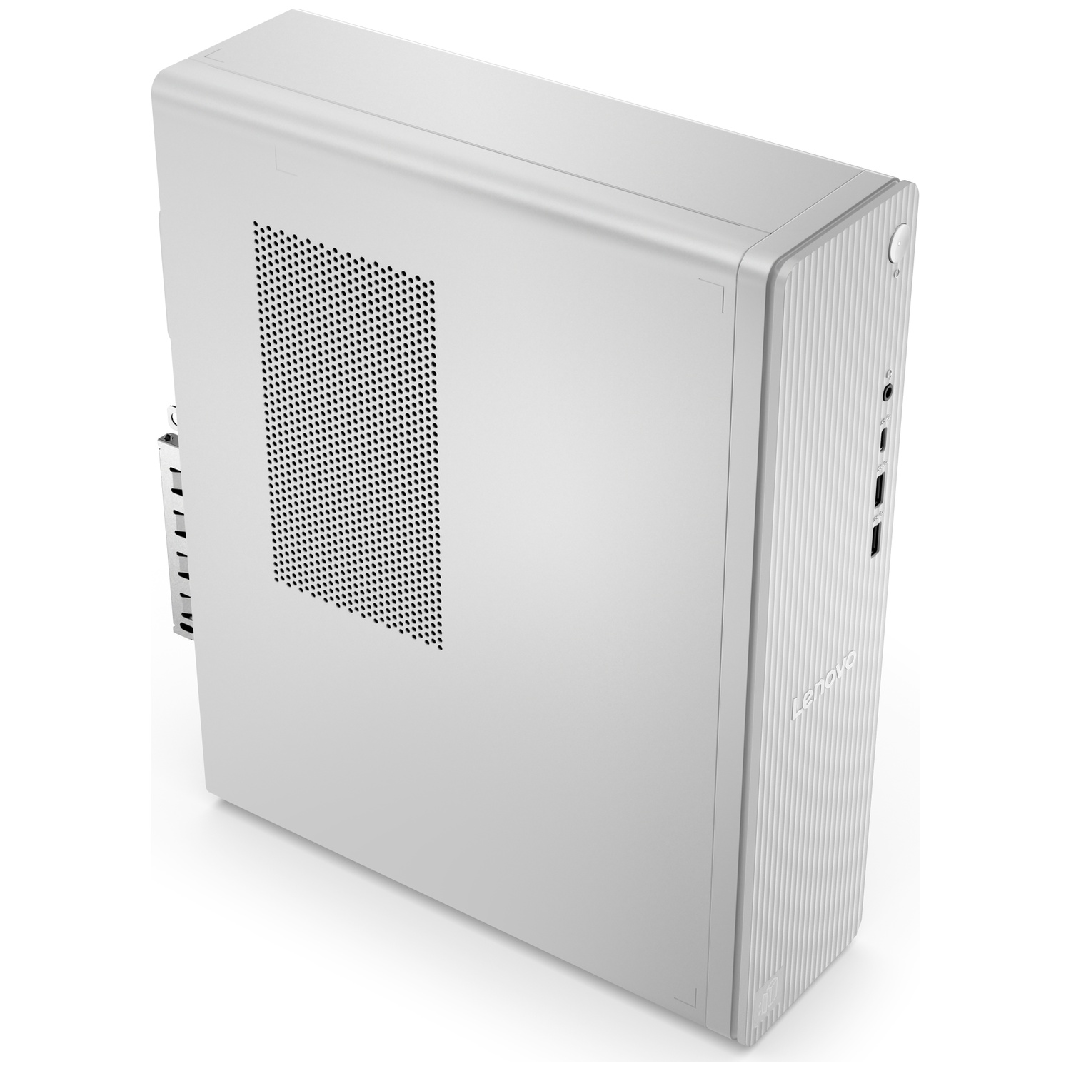 Un PC de bureau Lenovo blanc vu de côté avec une grille de ventilation, sur fond clair.