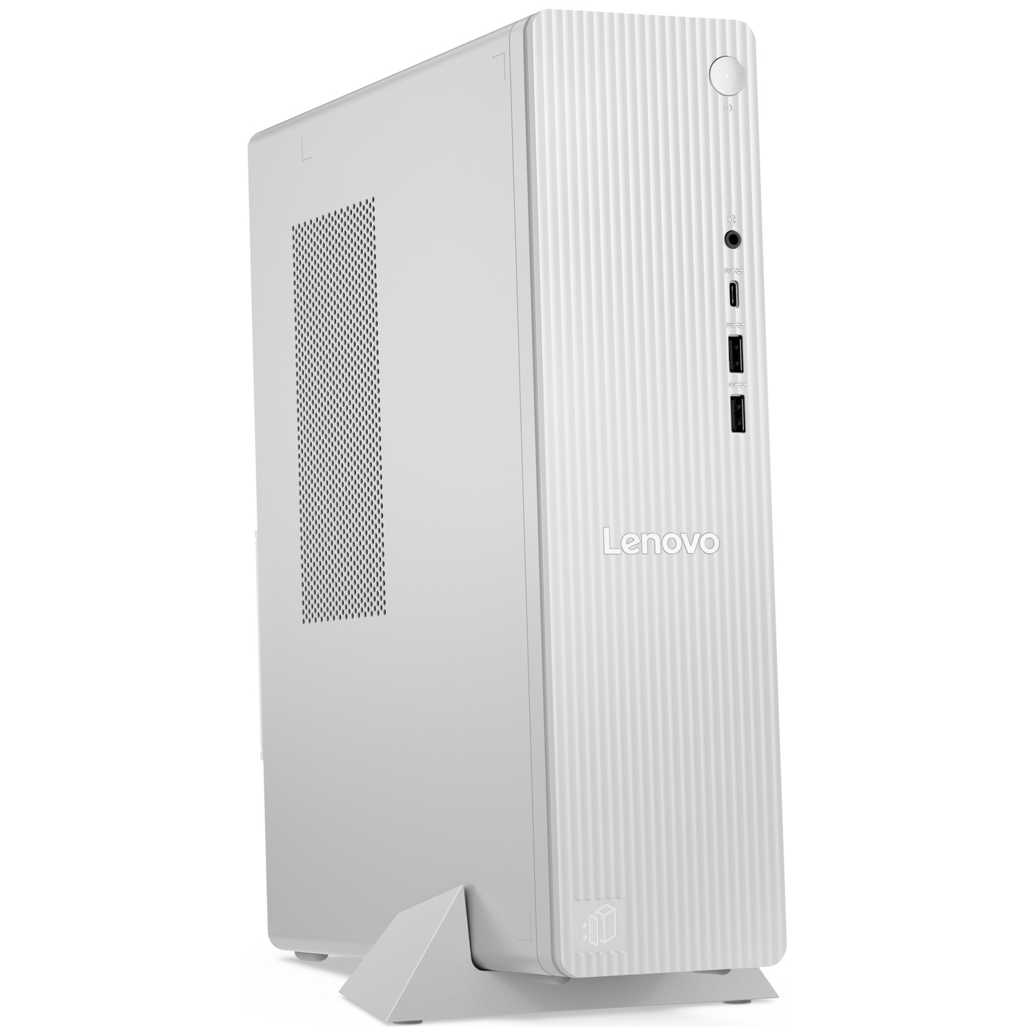 Un PC de bureau Lenovo blanc doté de rainures frontales verticales, de ports USB et d'un support, sur fond blanc.
