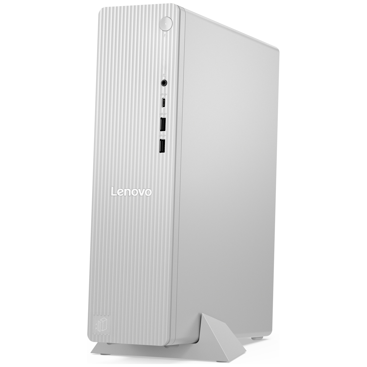 Un PC de bureau Lenovo argenté se tient debout sur un support sur fond blanc.