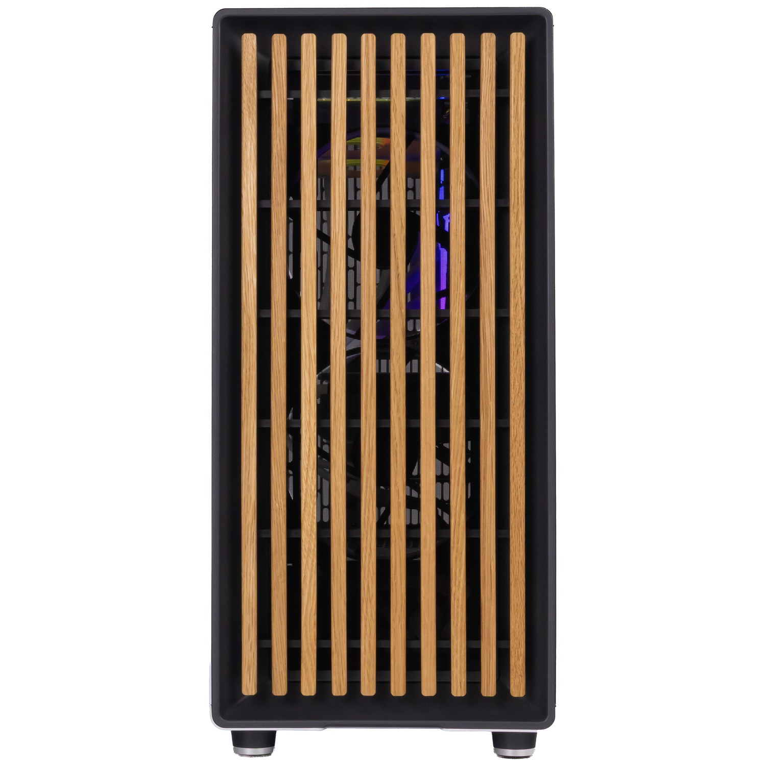 Black PC case featuring vertical wooden slats on the front panel and visible fans.