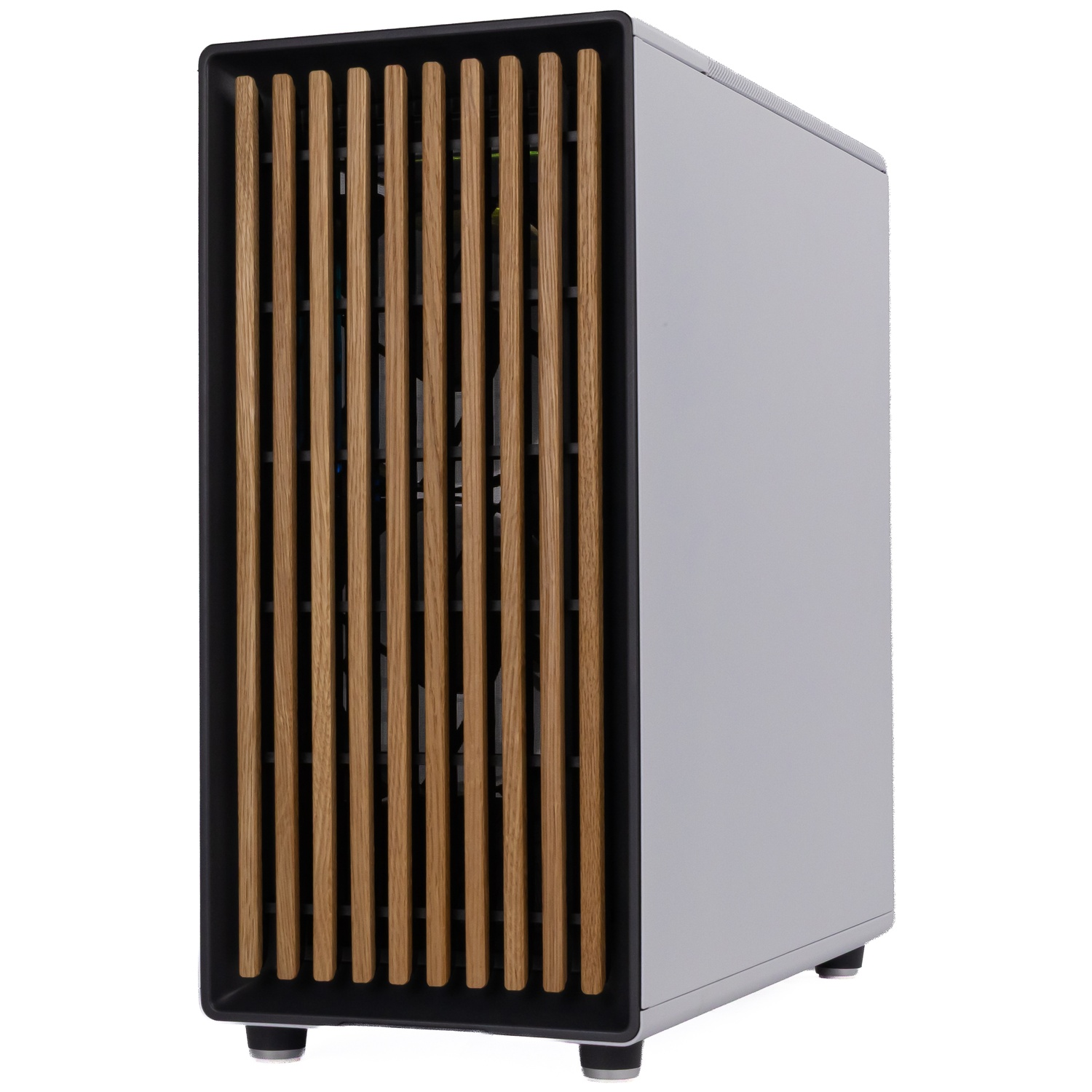 Modern PC tower featuring a white case and a decorative front panel made of vertical wooden slats against a white background.