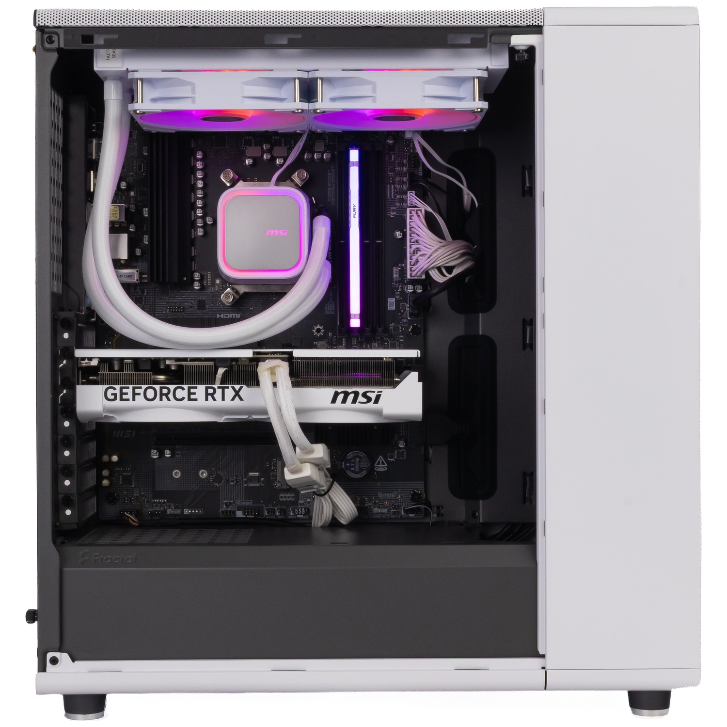 An open black and white PC tower displaying a GeForce RTX graphics card and glowing multicolored LED fans.