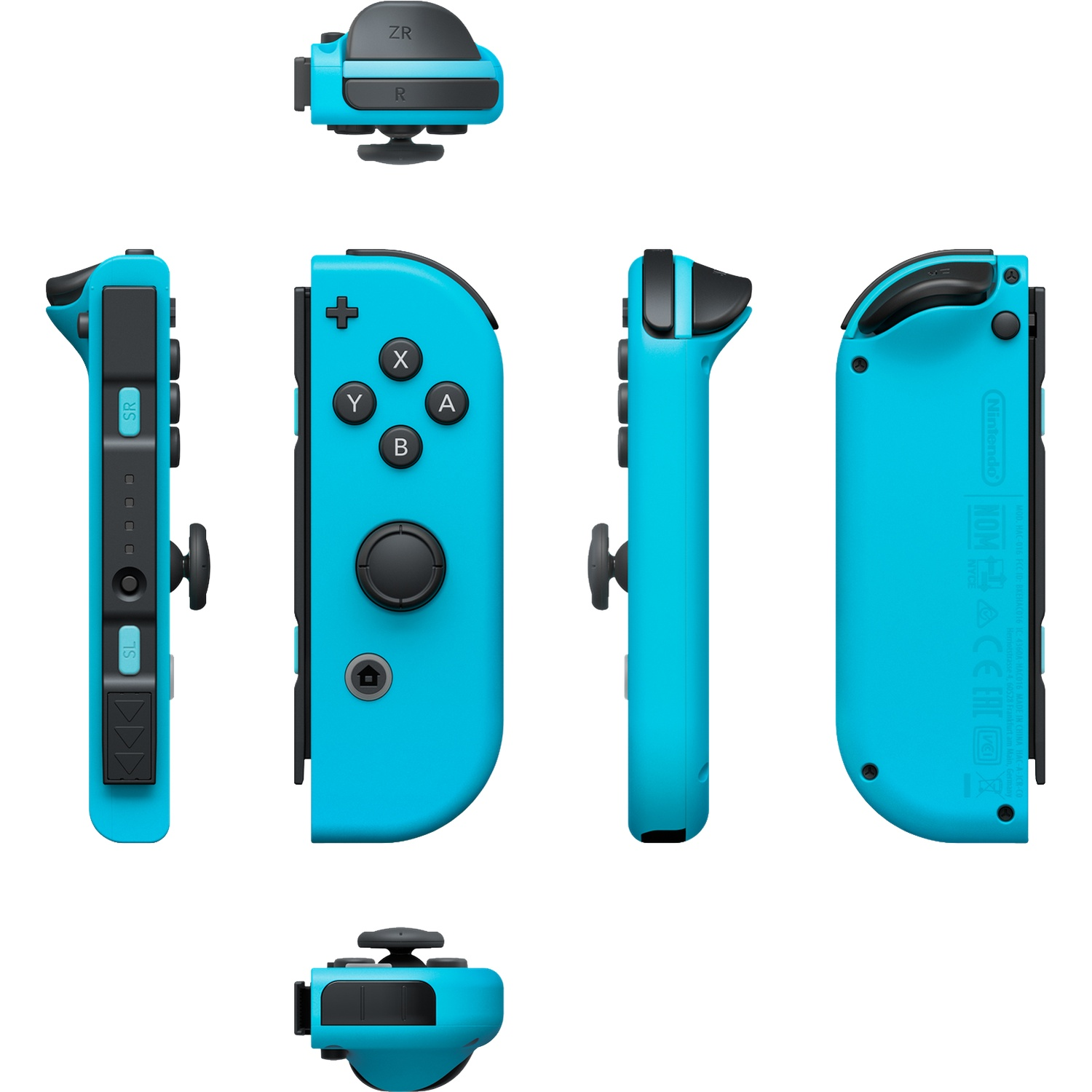 Plusieurs angles d'une manette Joy-Con bleu néon Nintendo Switch avec des boutons noirs.