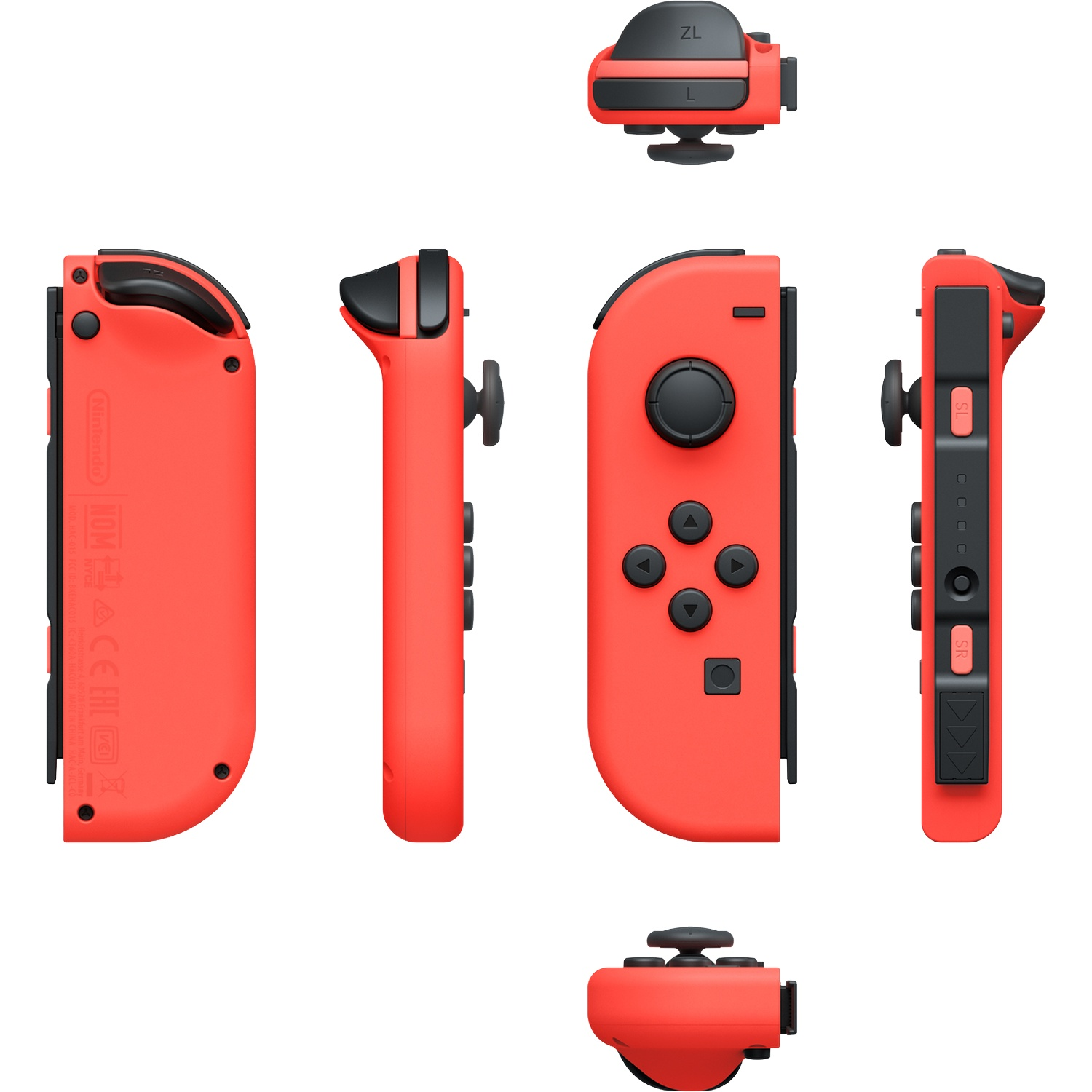 Six vues d'une manette rouge Nintendo Switch Joy-Con avec des boutons noirs sur fond blanc.