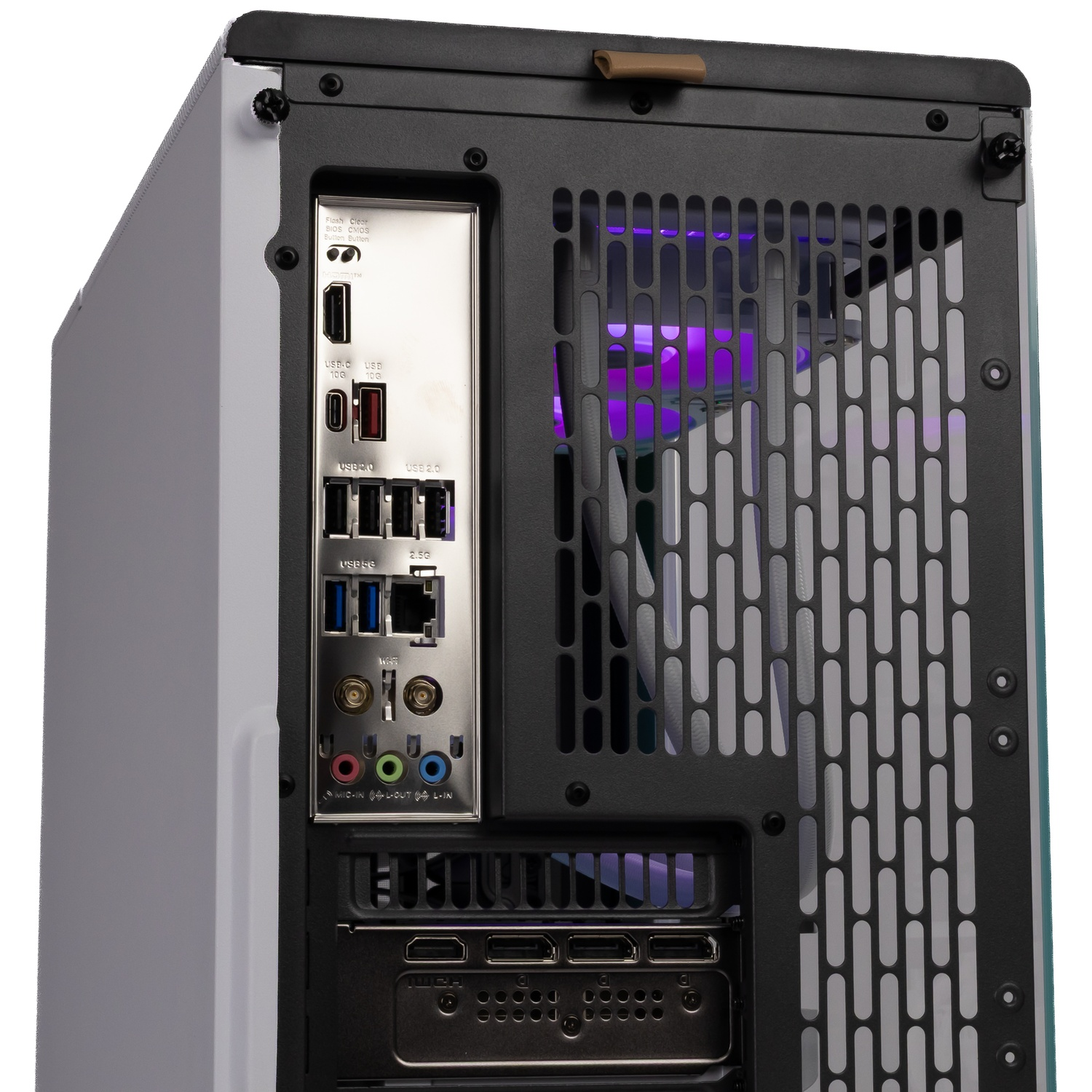 Rear panel of a computer case showing I/O ports, a ventilation grille, and connection slots.