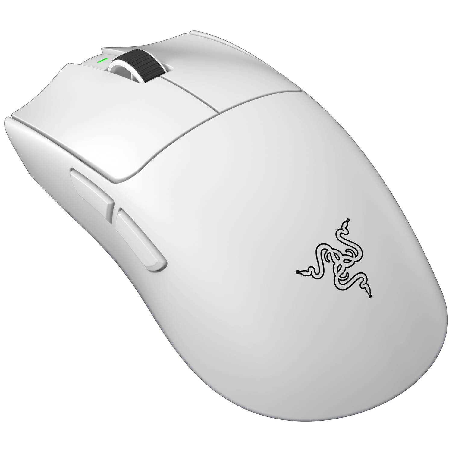 Een witte draadloze Razer-gamingmuis op een witte achtergrond met twee zijknoppen en een slangenlogo.