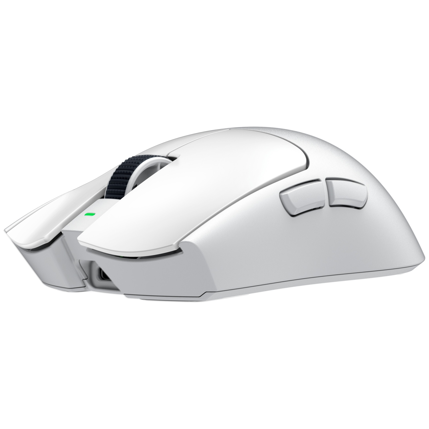 Een witte draadloze gamingmuis op een witte achtergrond met knoppen en scrollwiel.