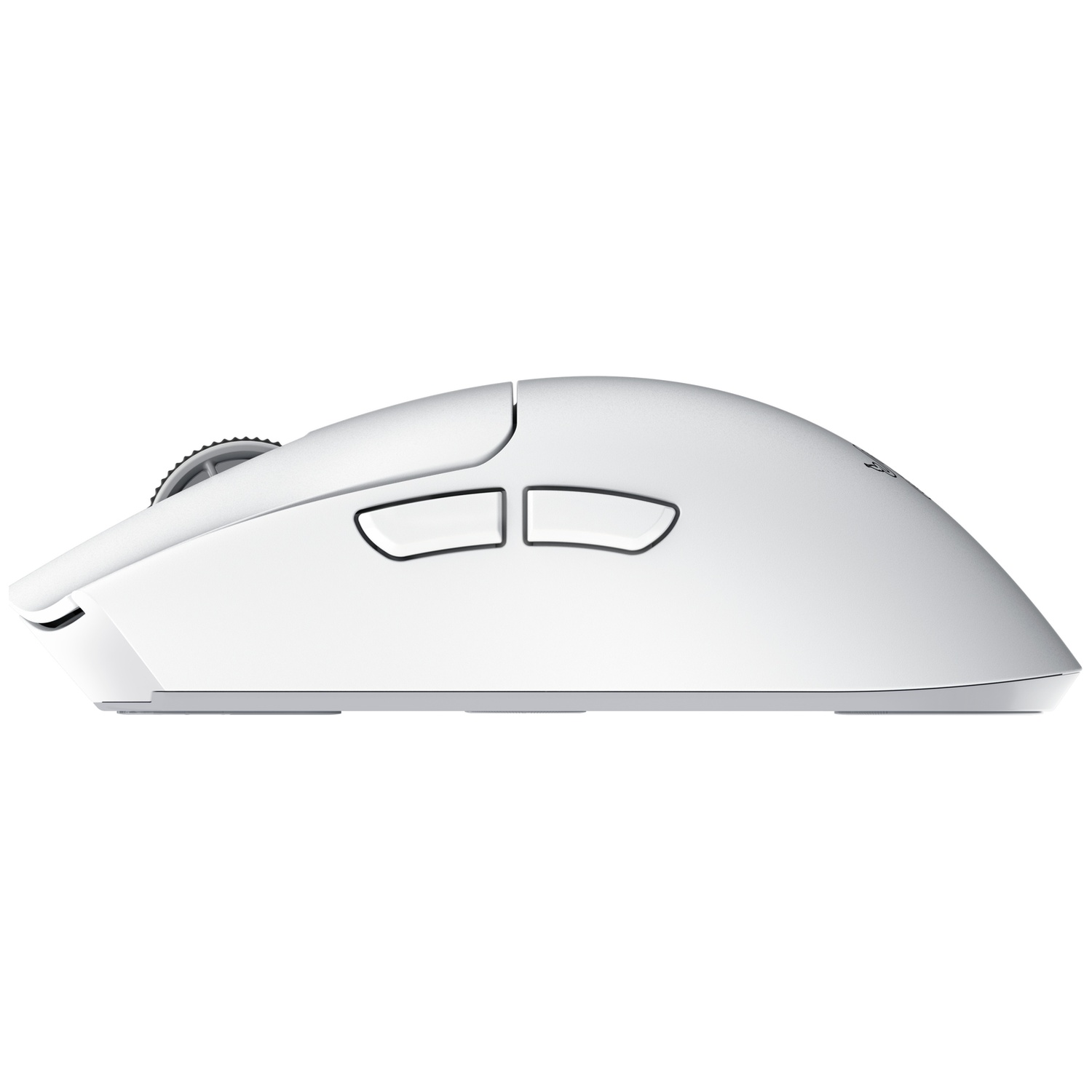 Zijaanzicht van een witte computercombi op een witte achtergrond, met twee zijknoppen en een scrollwiel.