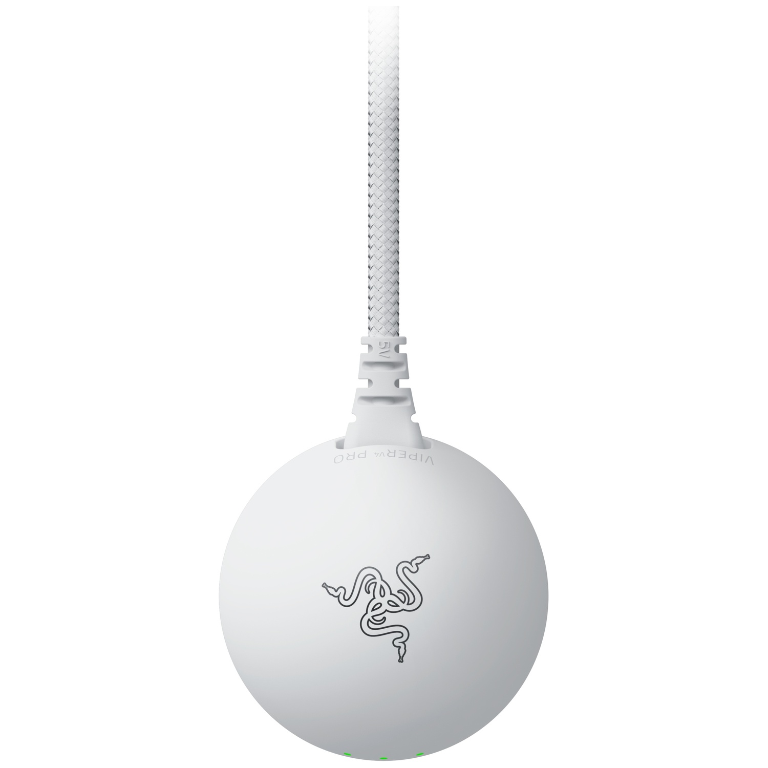 Een witte sferische Razer-muis met een gevlochten kabel en logo.