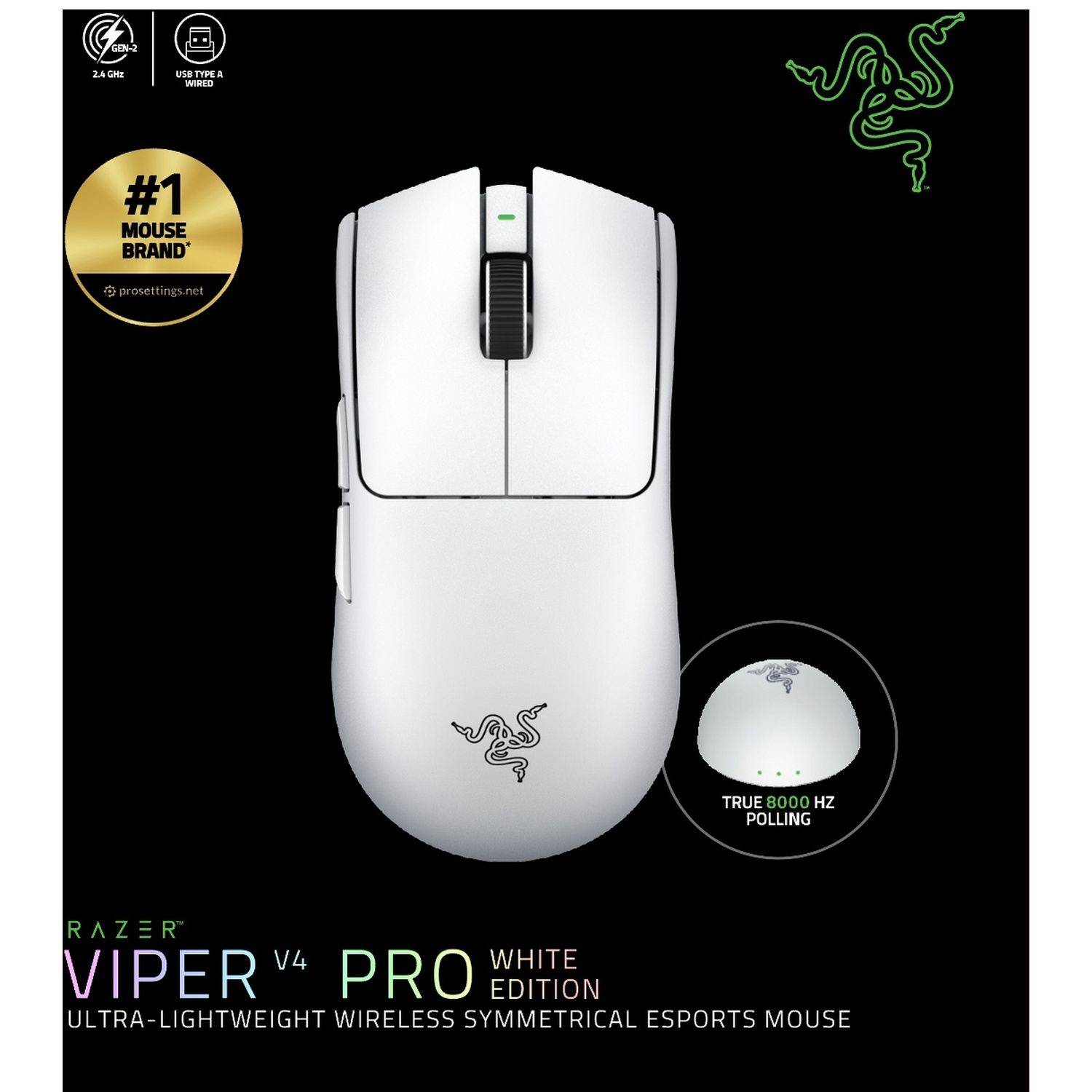 Witte Razer Viper V4 Pro gaming-muis tegen zwarte achtergrond met logo's en tekst.