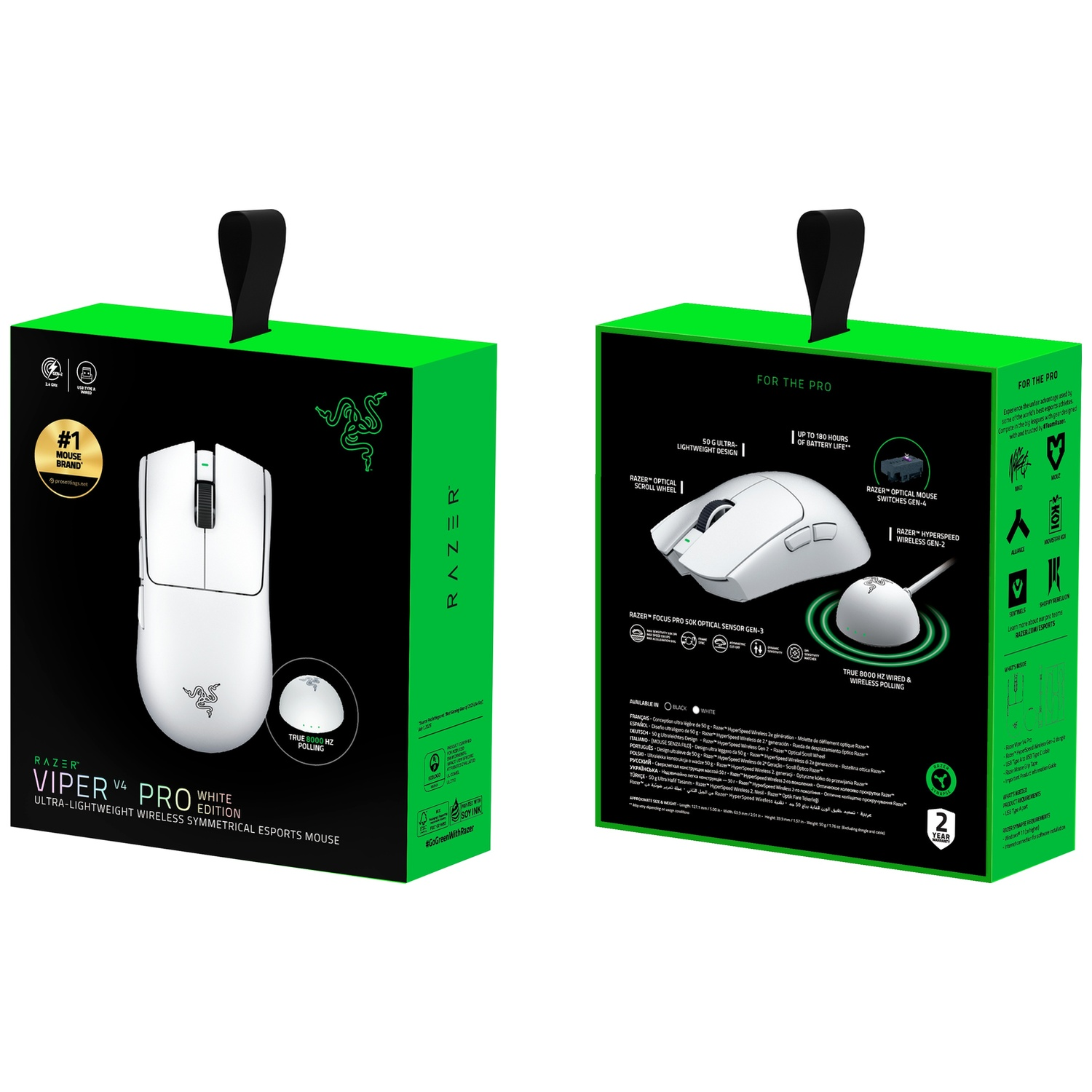 Groen-zwarte verpakking van Razer Viper V4 Pro witte editie met muisafbeeldingen en info.