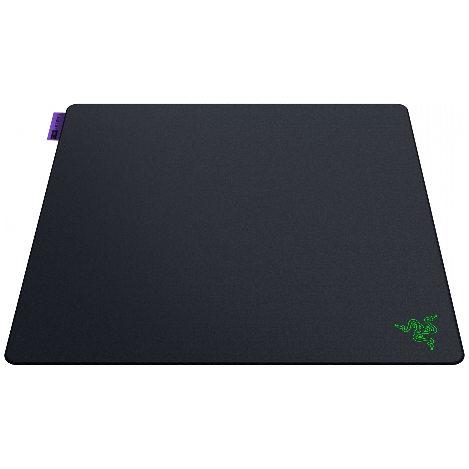 Een zwarte Razer-muismat met een groen logo op een witte achtergrond.